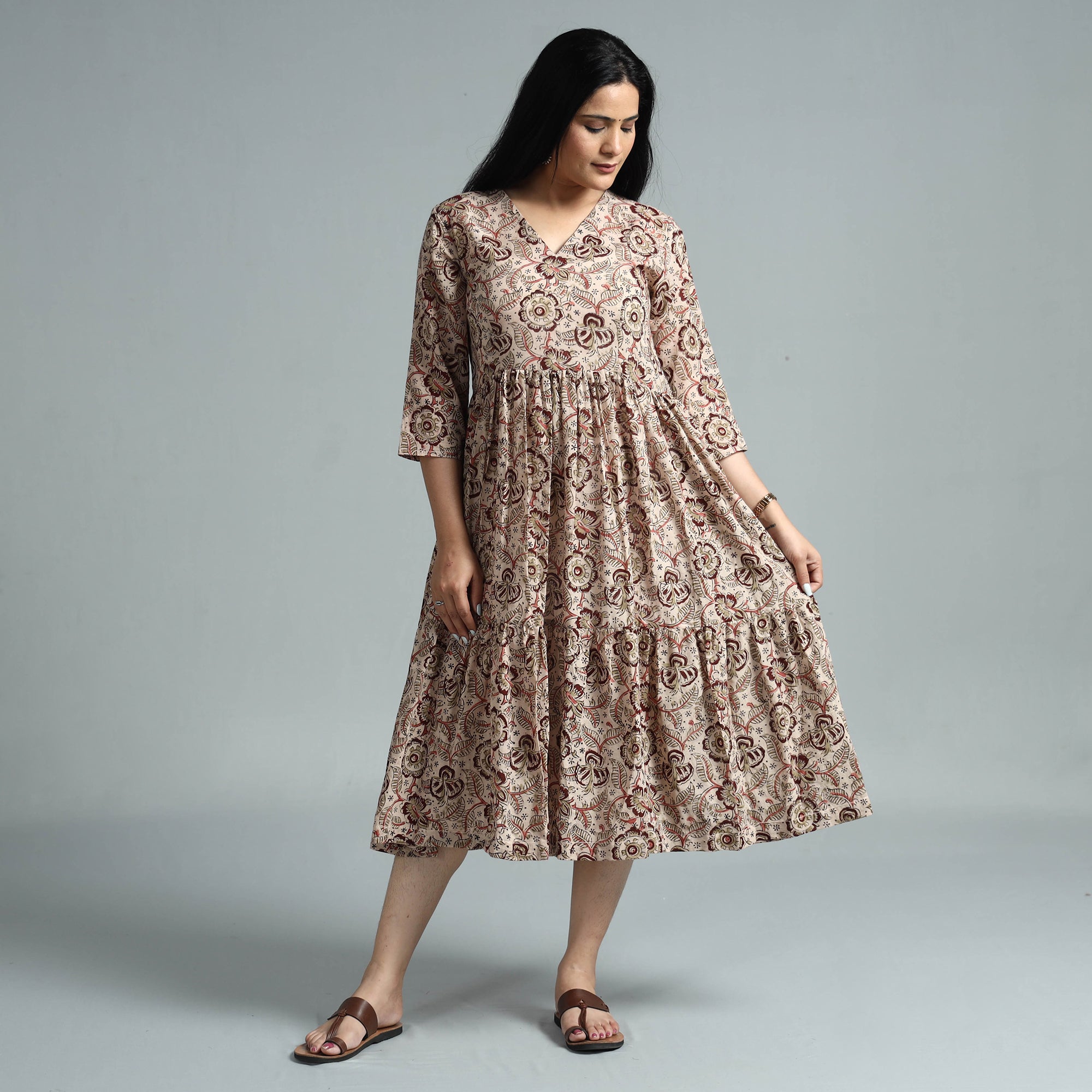 ITOKRI CASUALS Beige - Kalamkari Block Printed Mul Cotton Flared Gher Dress - view 2