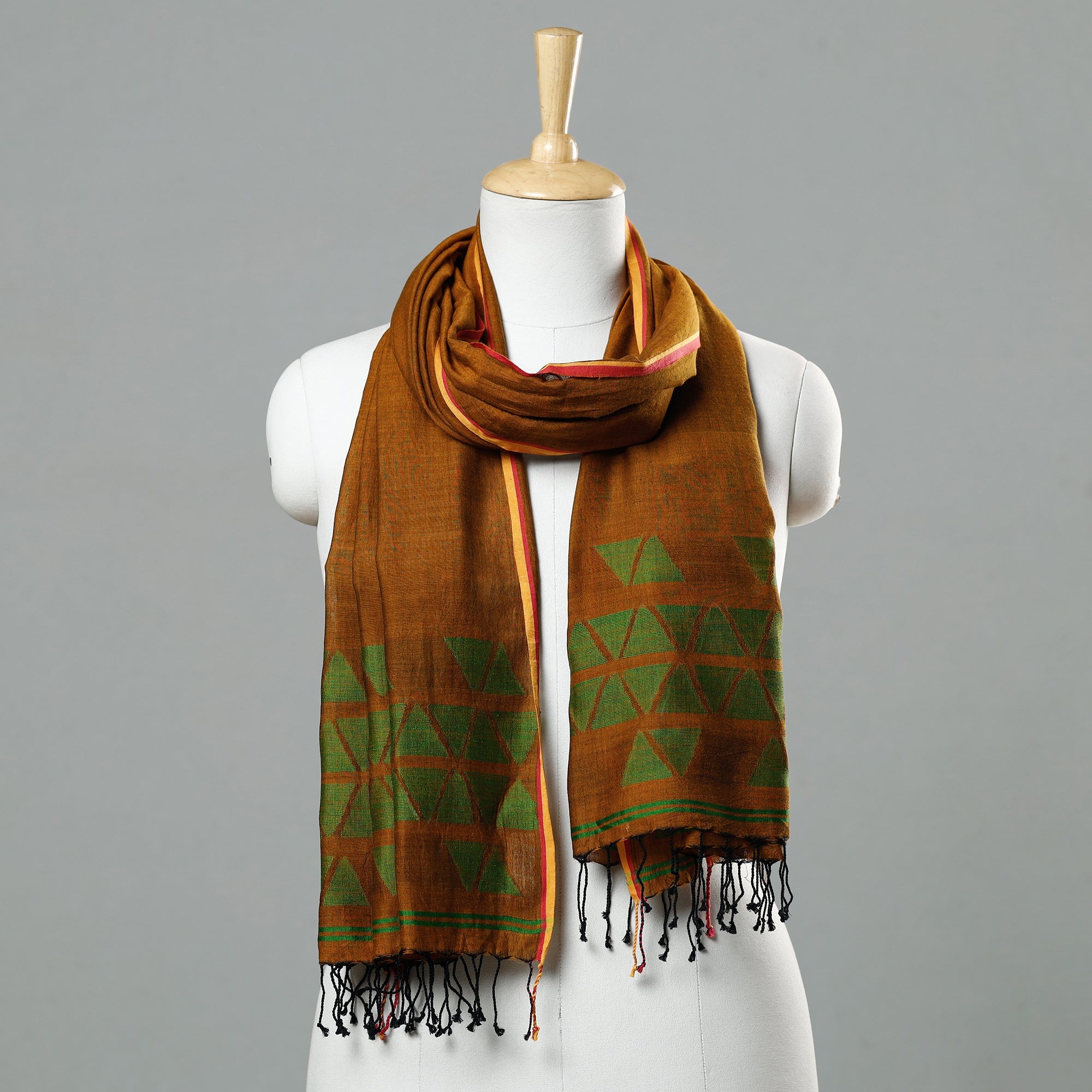 ALANKRITA Brown - Jamdani Handloom Cotton Stole with Tassels