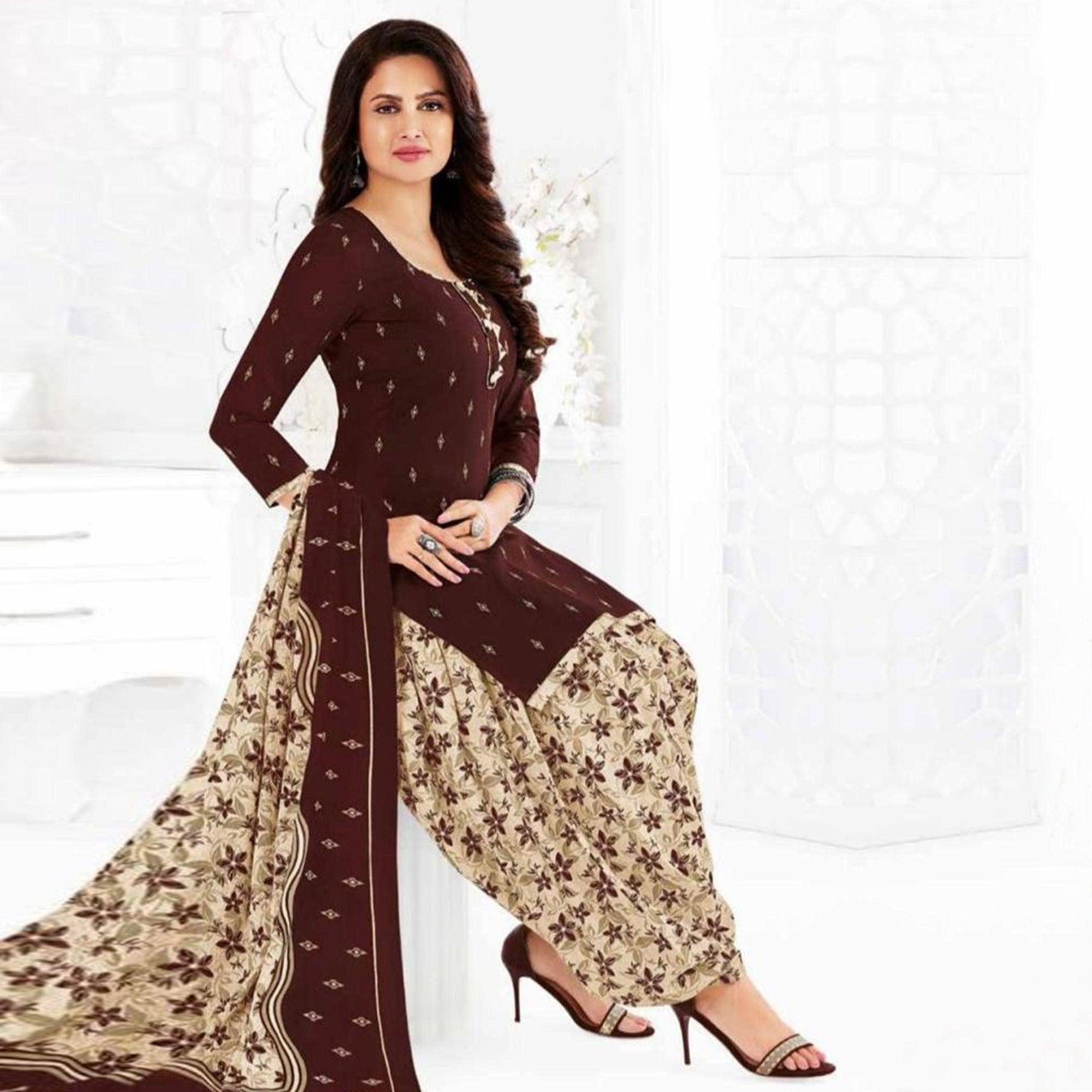 Peachmode Brown Printed Crepe Patiala Dress Material