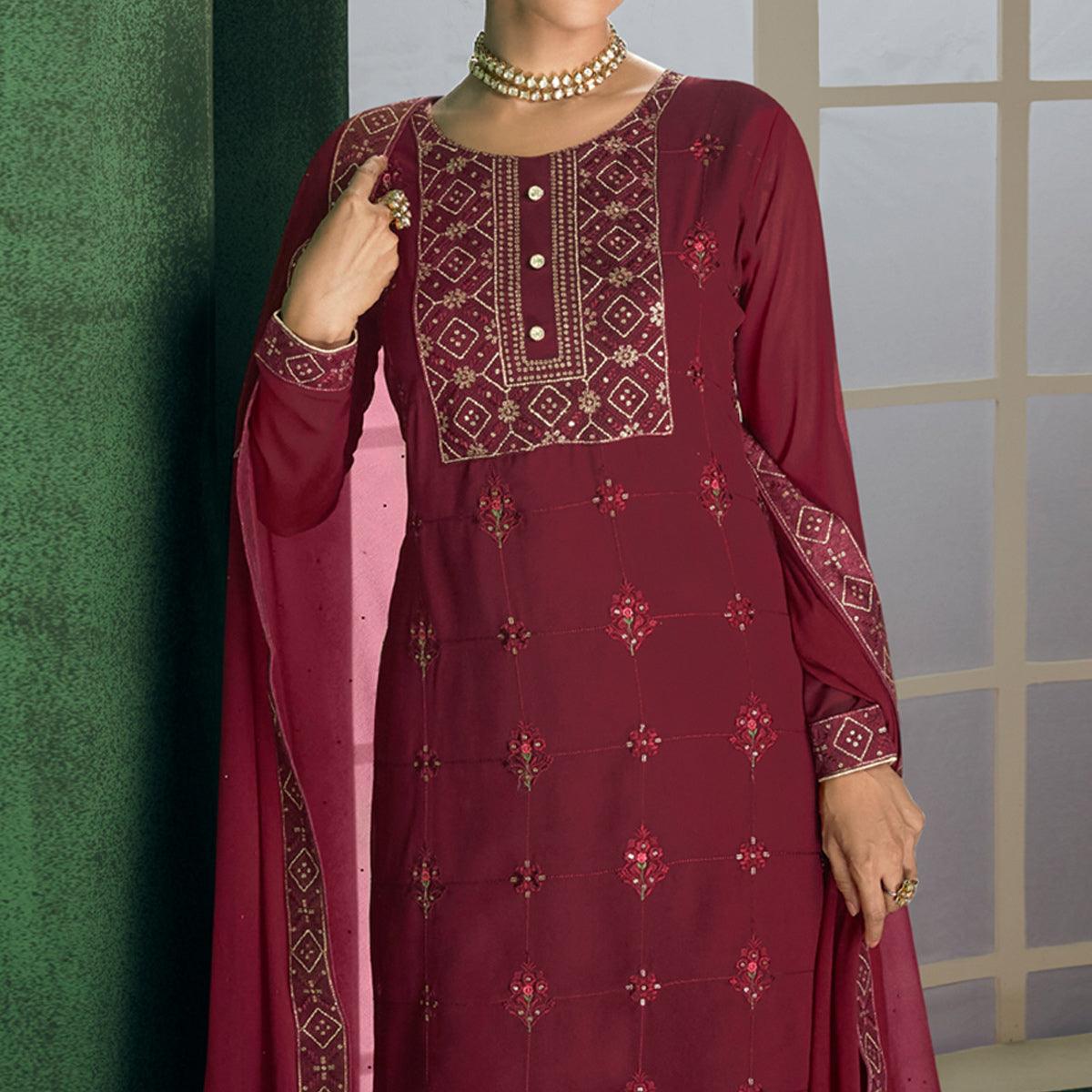 Peachmode Maroon Floral Sequins Embroidered Georgette Partywear Suit - view 3