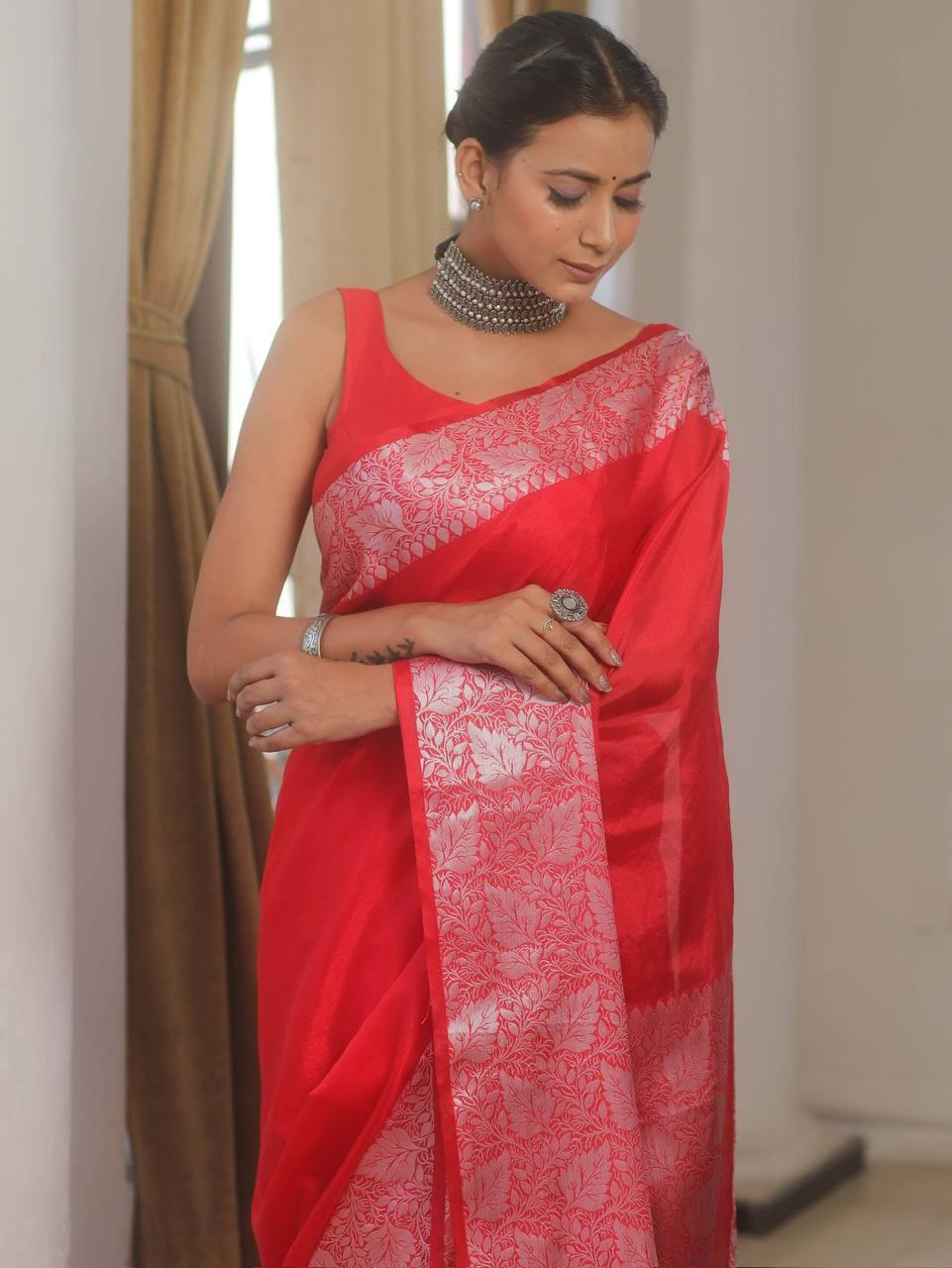Aayna Verdant Red Soft Silk Saree With Mellifluous Blouse Piece - view 3