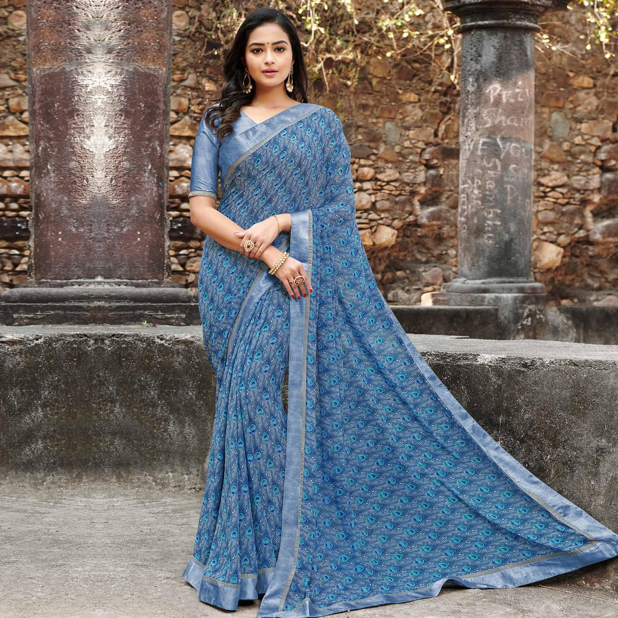 Peachmode Captivating Blue Colored Casual Floral Printed Georgette Saree