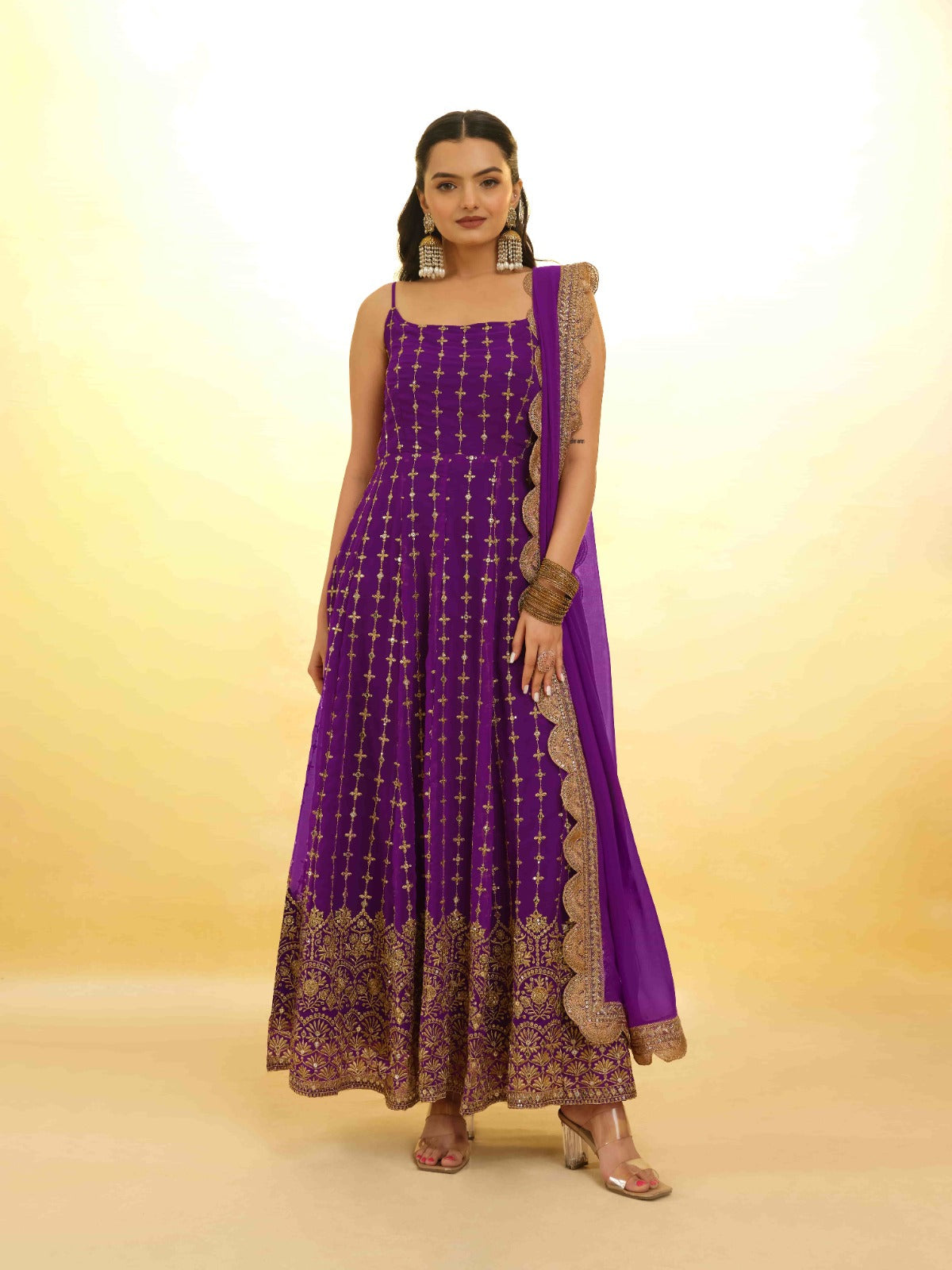 ClothsVilla Purple Georgette Dress with Embroidery & Sequins – Ready to Wear
