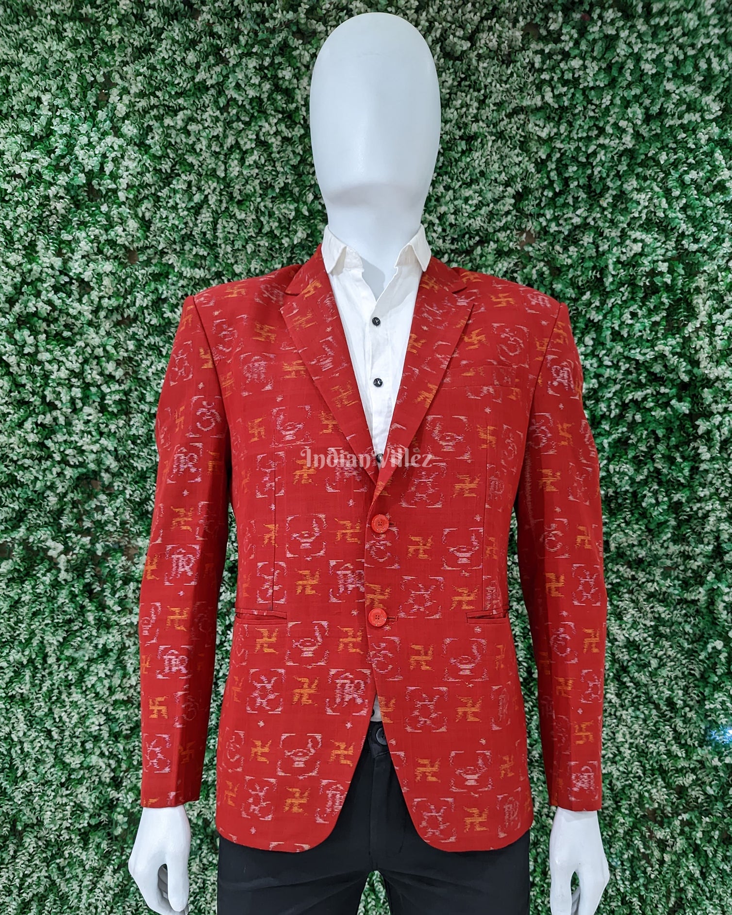 IndianVillèz Red Swastik Sambalpuri Ikat Men's Designer Blazer