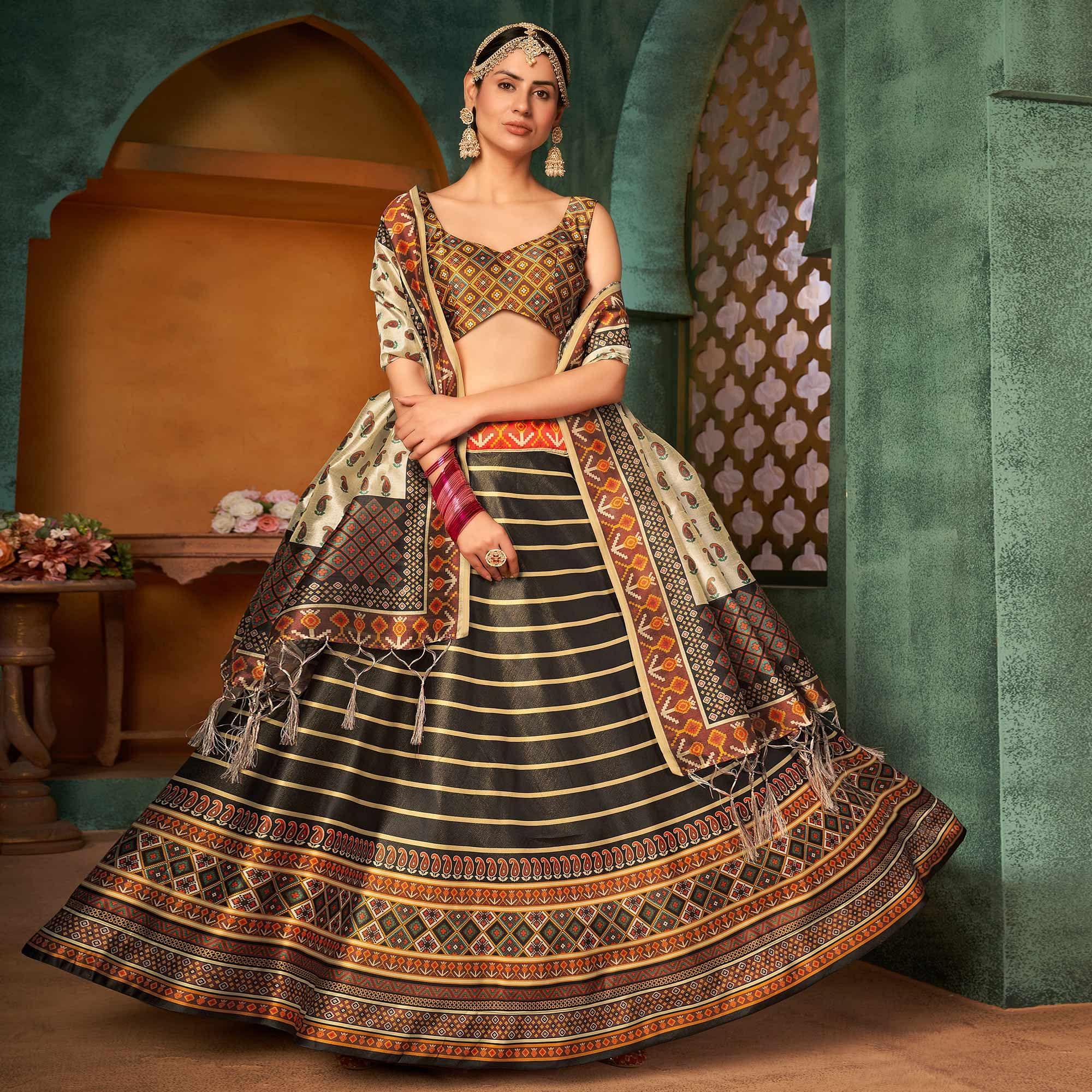 Peachmode Brown Printed Pure Silk Lehenga Choli