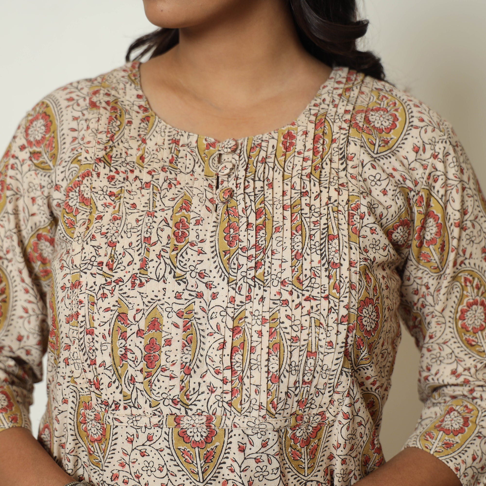 ITOKRI CASUALS Beige - Pedana Kalamkari Hand Block Printed Cotton Pintuck A-Line Kurta 57 - view 5