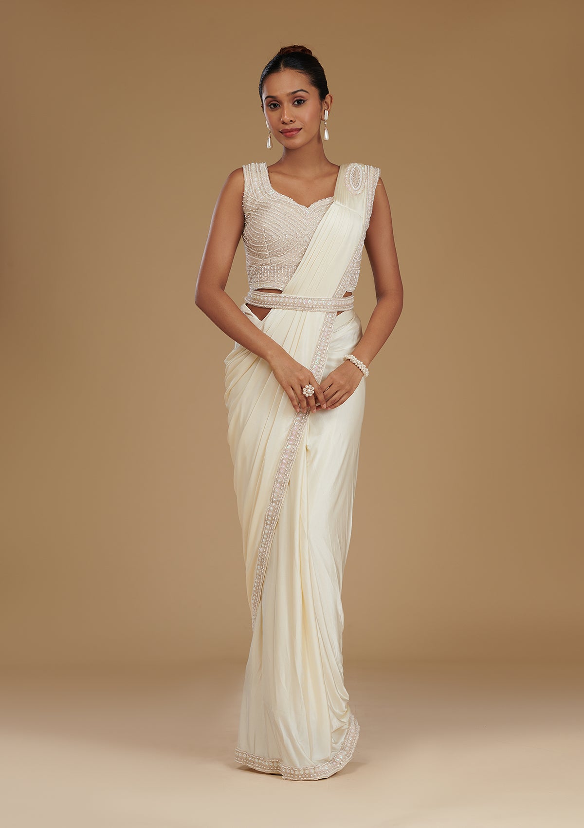 Koskii Cream Stonework Satin Readymade Saree – Women's - view 4