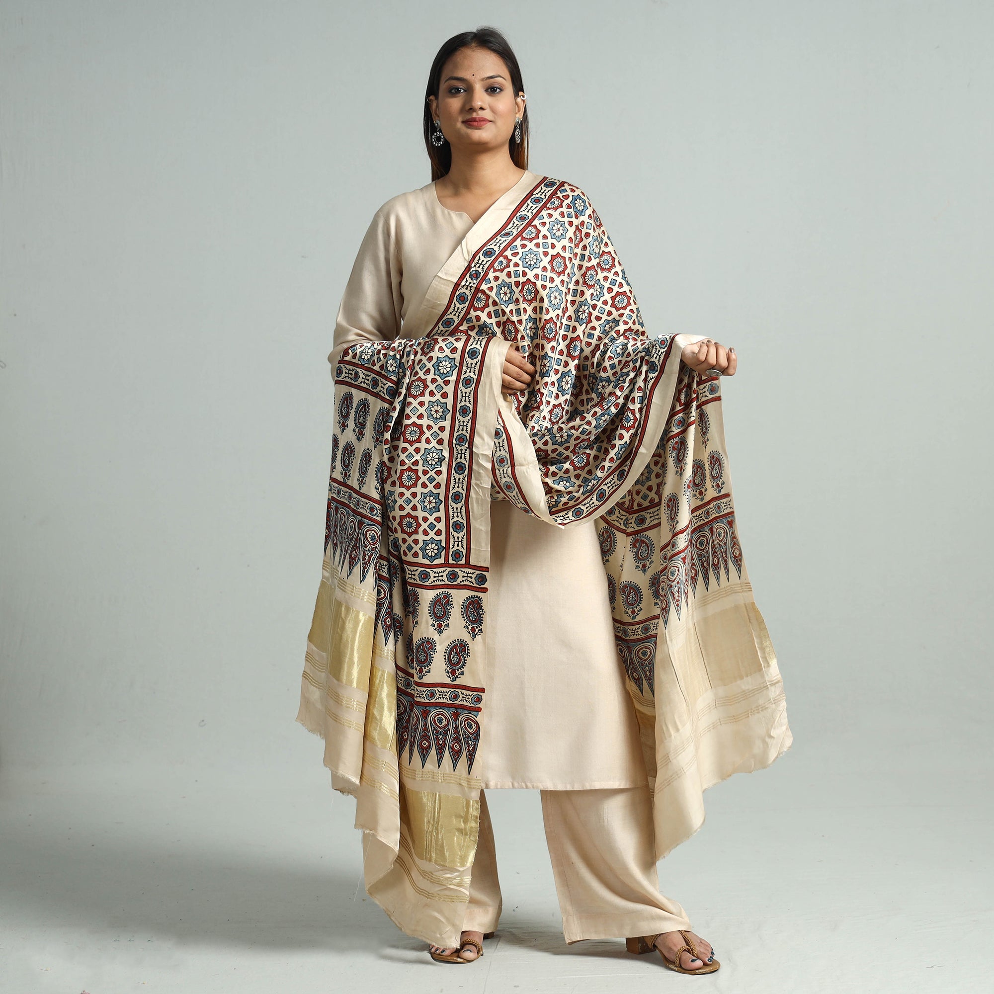 KACHCHH JI CHHAAP Beige - Modal Silk Block Print Ajrakh Dupatta 126