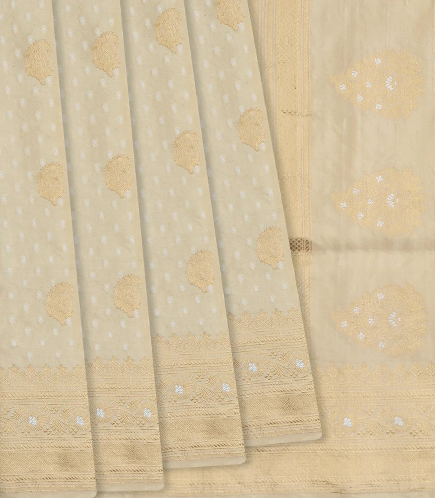 RmKV Beige Handloom Banarasi Silk Saree With Paisley Butta -Beige