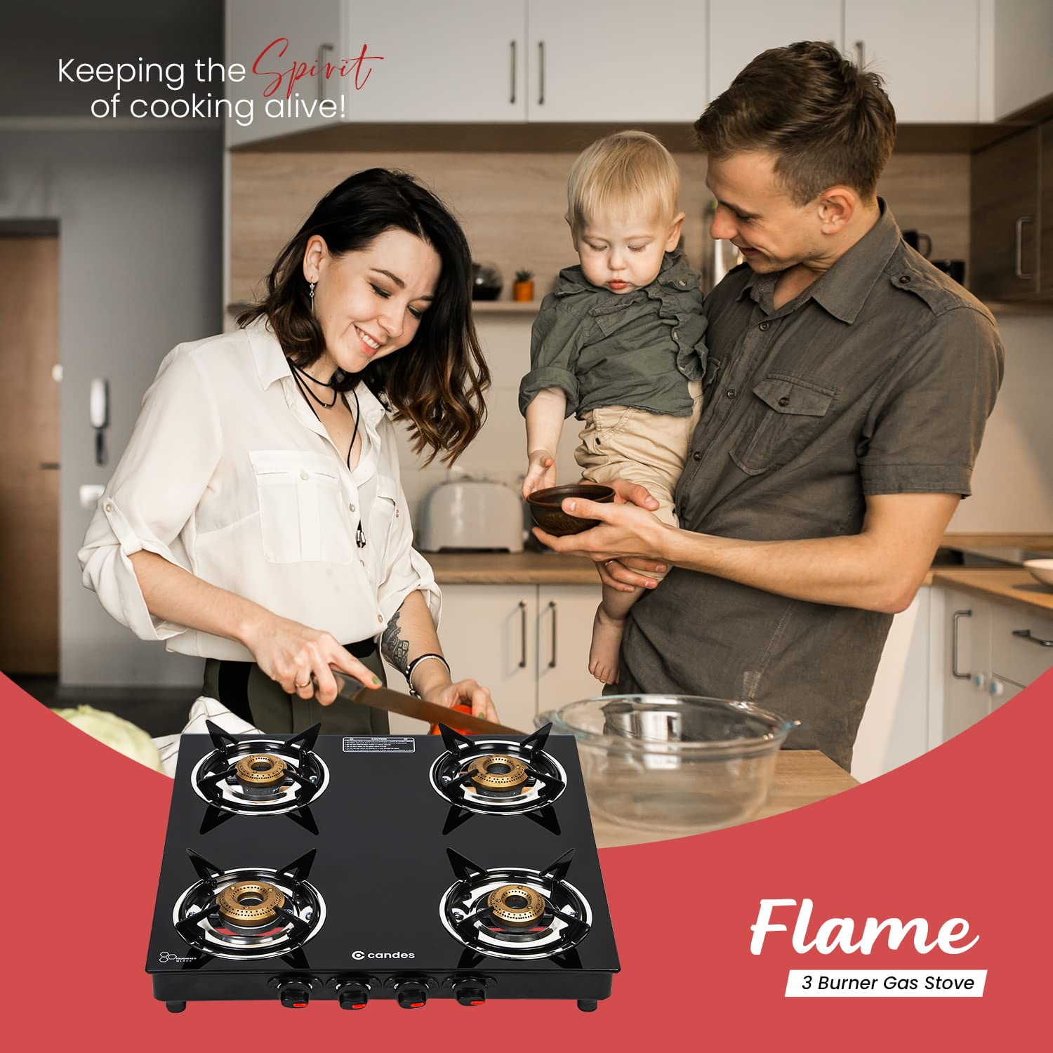 Candes Flame Glass Top Gas Stove 4 Burner, Manual Ignition, Black - view 5