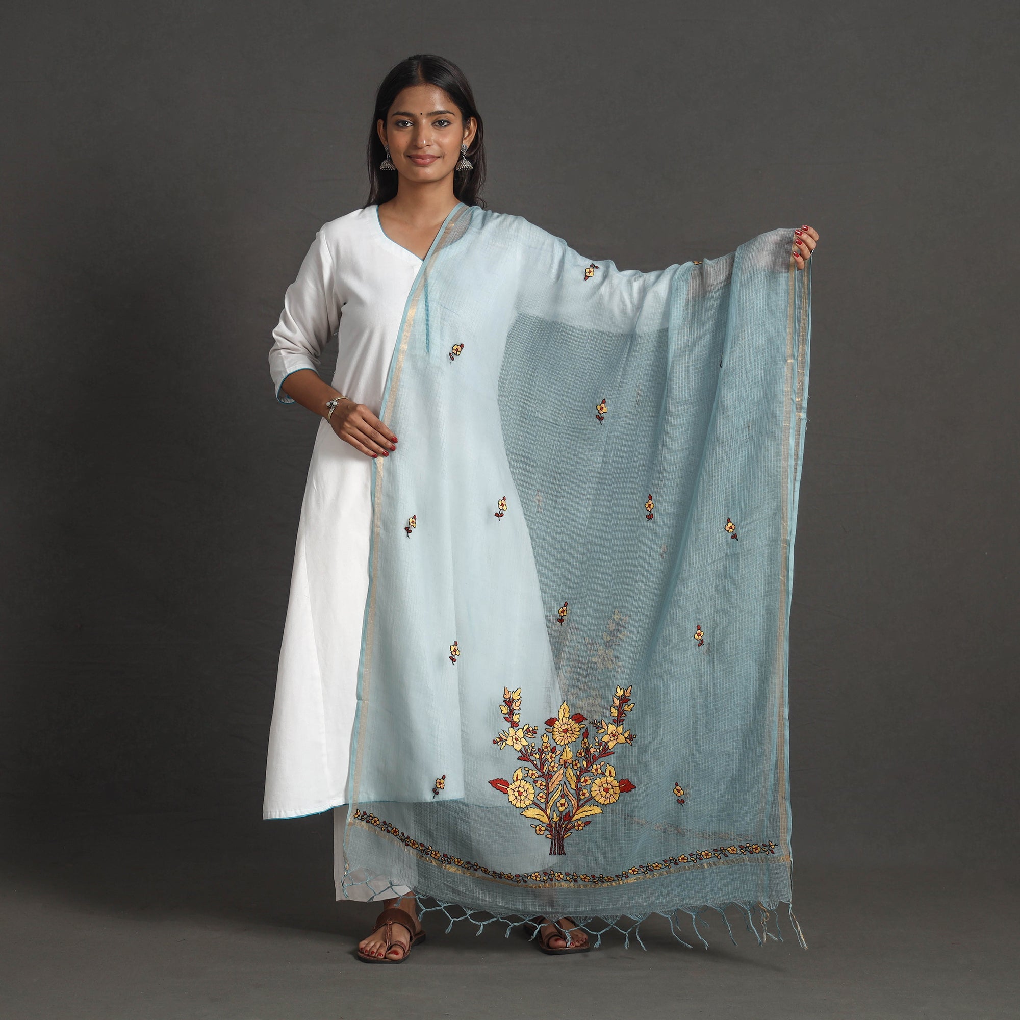 ITOKRI CRAFTS INITIATIVE Kota Doria Silk Cotton Kashida Embroidery Dupatta 45