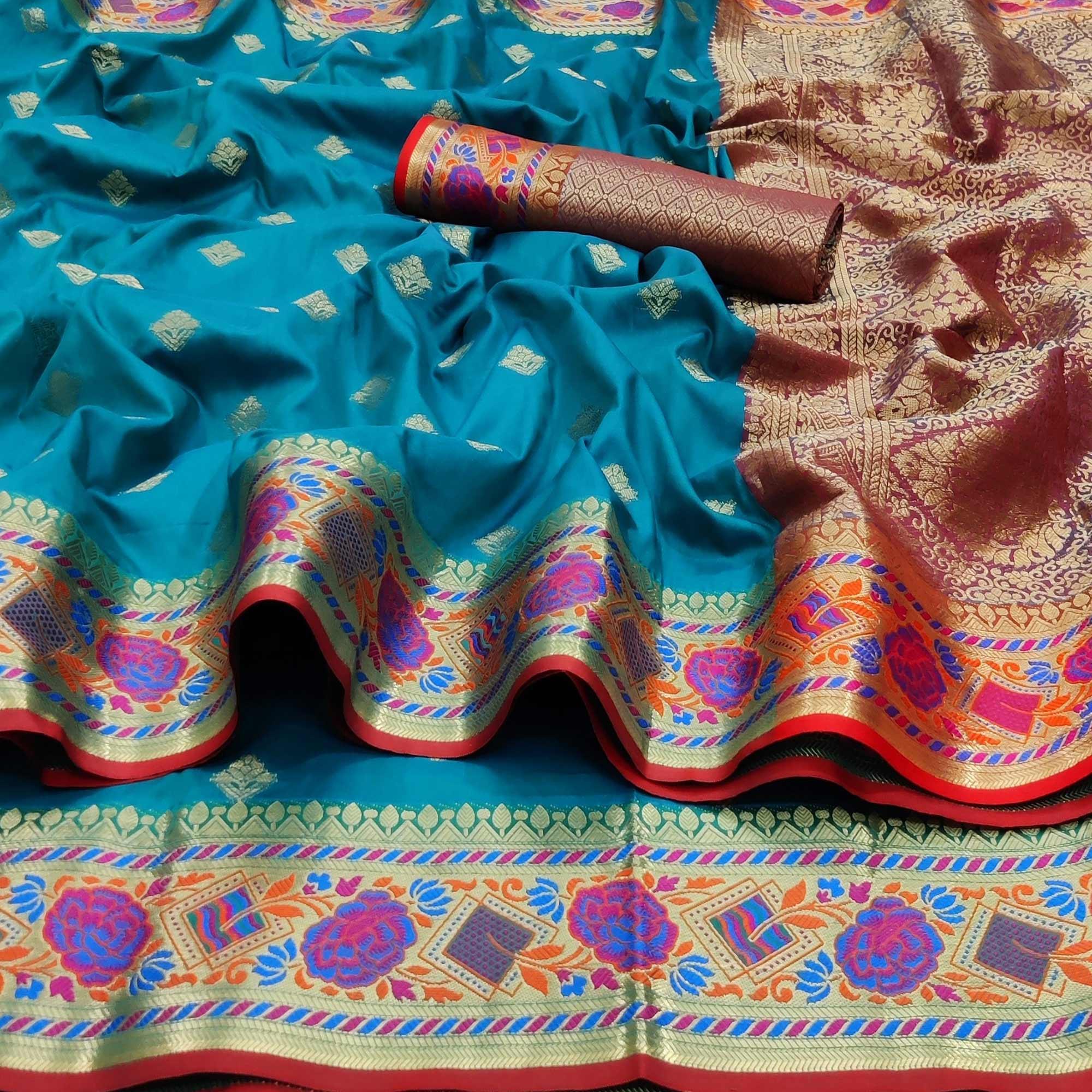 Peachmode Firozi Festive Wear Floral Woven Soft Silk Saree With Jacquard Border - view 2