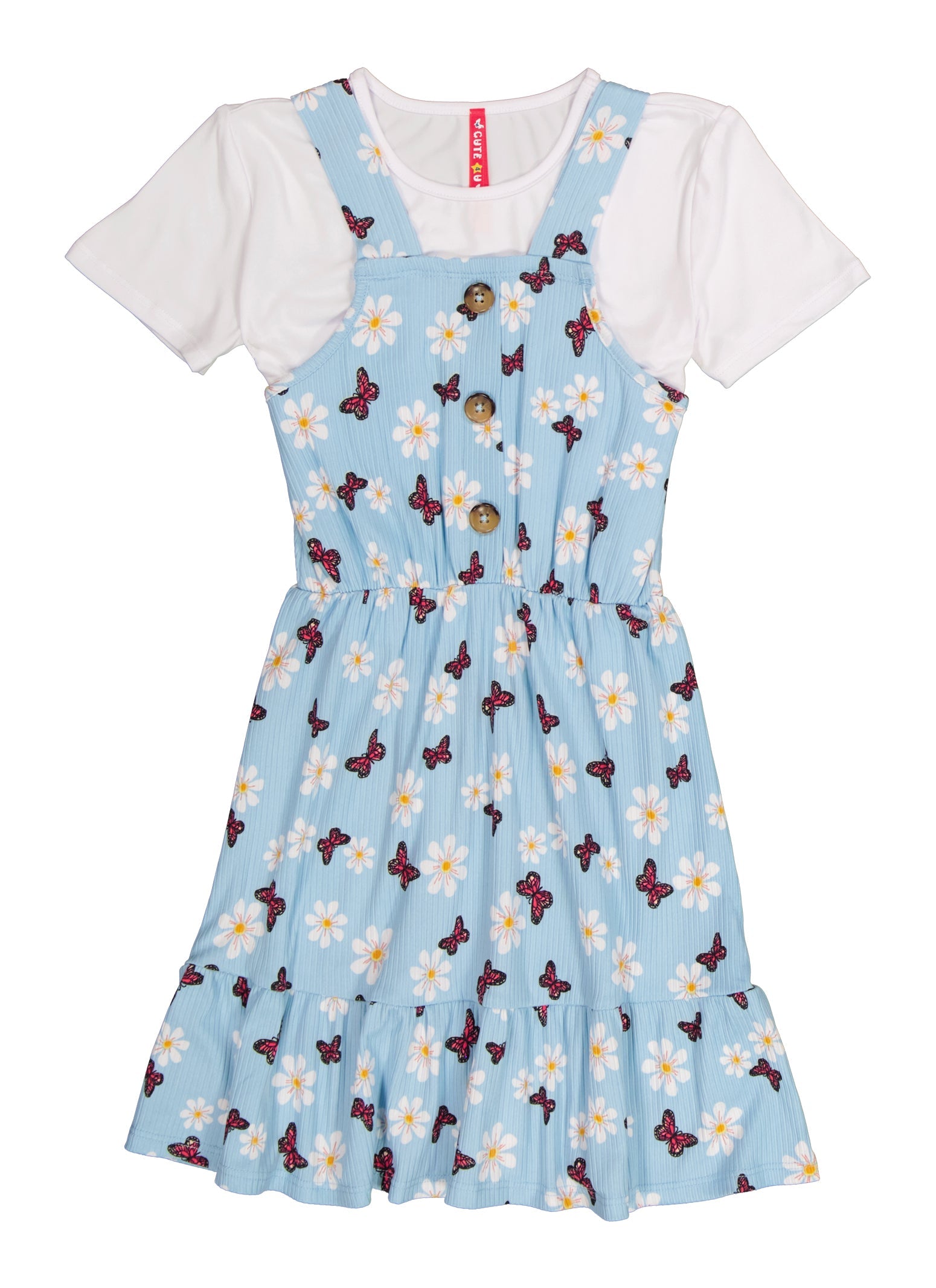 Rainbow Shops Little Girls Ribbed Butterfly Print and Short Sleeve Top