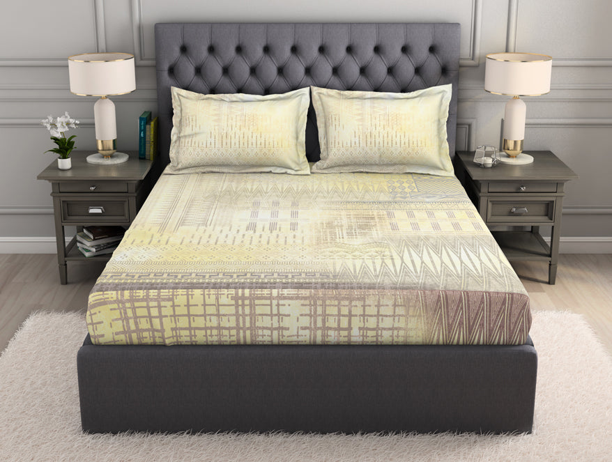 Spaces India Geometric Beige 100% Cotton King Size Bedsheet Organic Cotton - By Spaces
