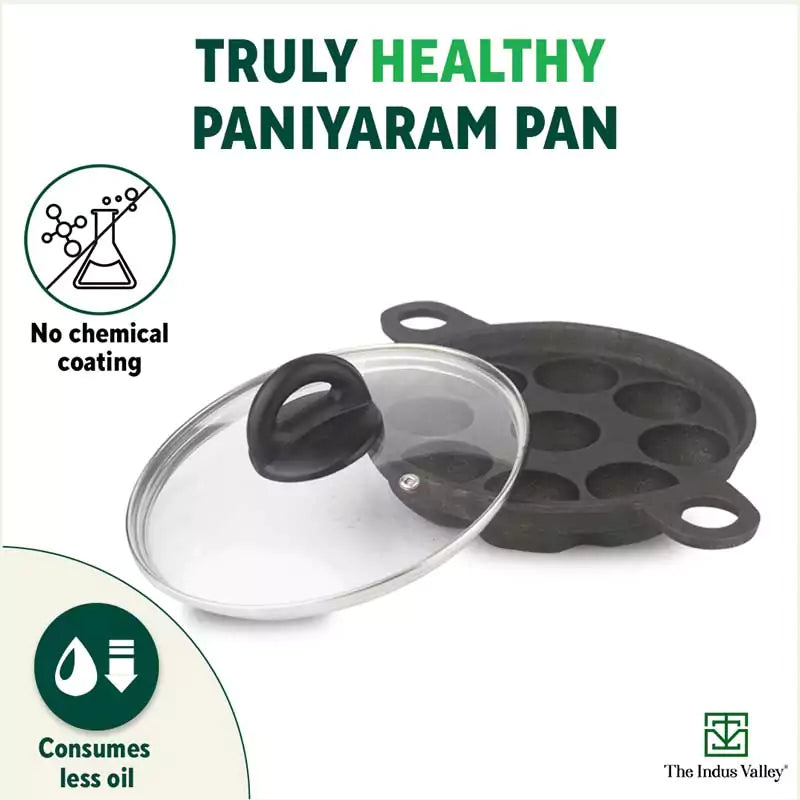 The Indus Valley 9 Pit/Cup CASTrong Cast Iron Paniyaram/Appe Pan+ Glass Lid, Pre-seasoned, Natural Nonstick, 100% Pure, Toxin-free, 21 cm, 2.7 kg - view 4