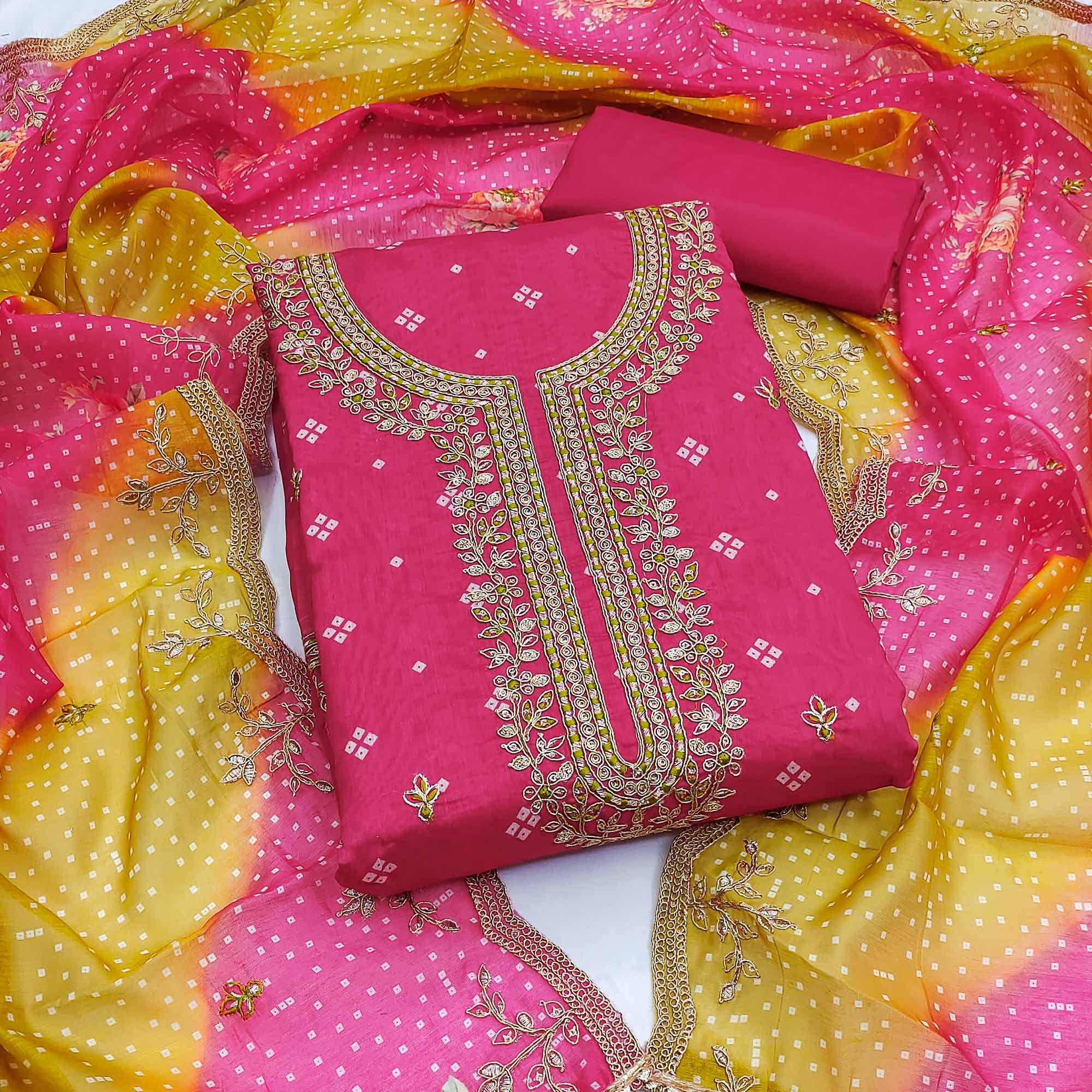 Peachmode Rani Pink Sequins Embroidered With Printed Organza Dress Material