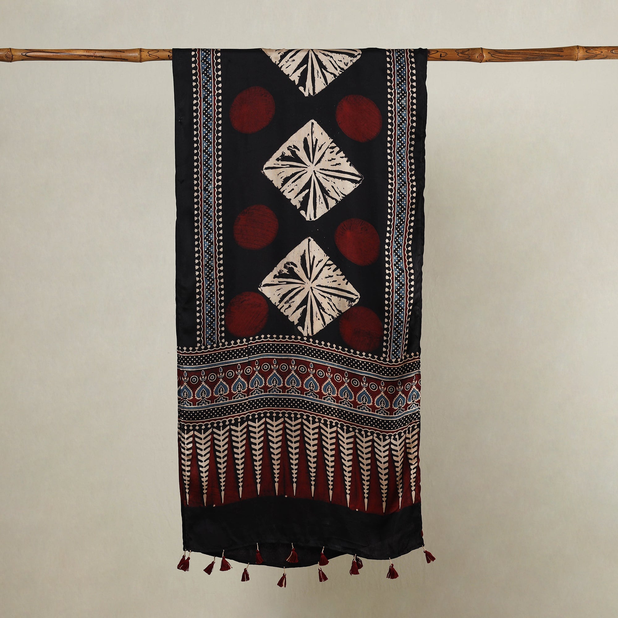 RIYAZ ABDULMAJID KHATRI - AJRAKH Black - Ajrakh Hand Block Printed Modal Silk Stole with Tassels - view 2