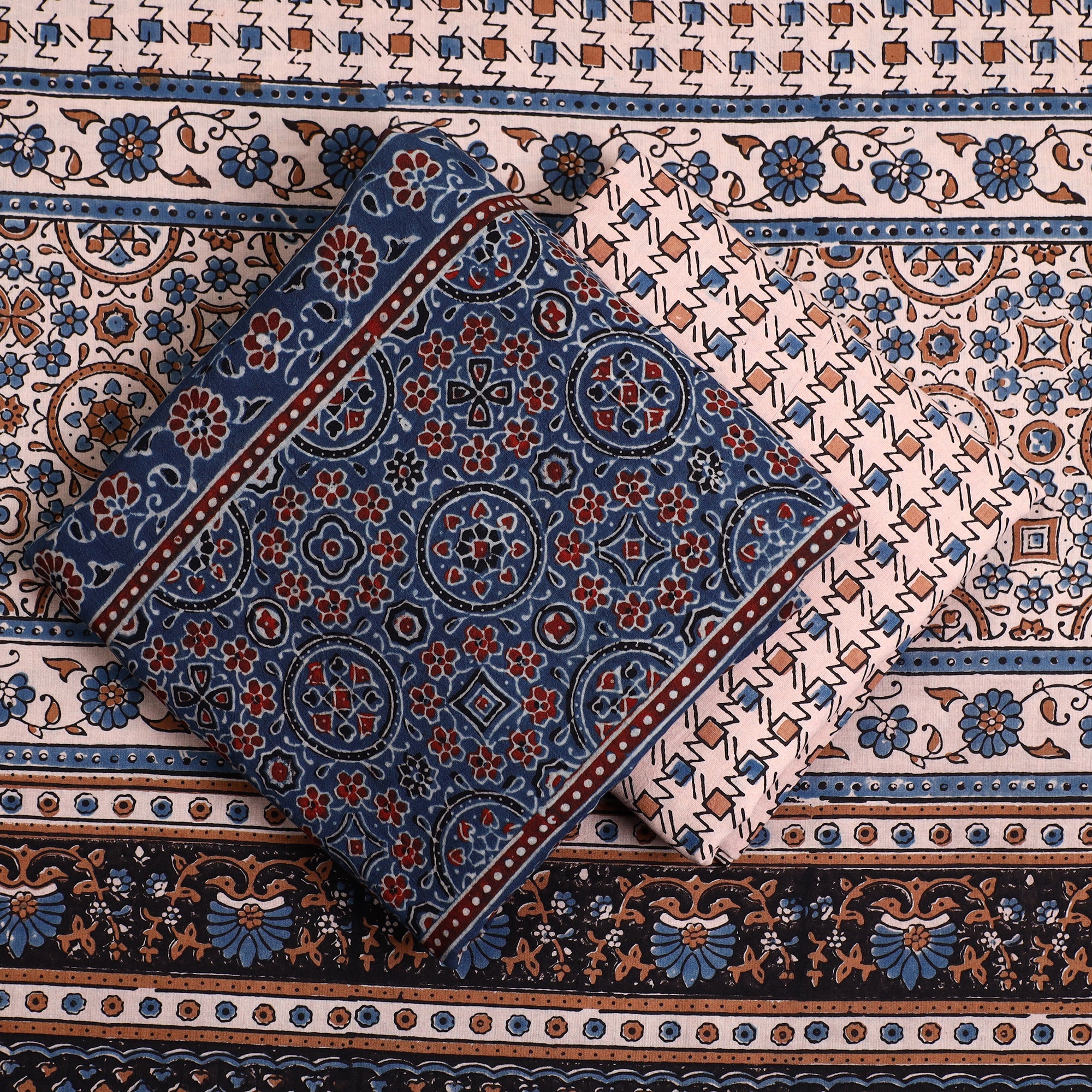 AJRAKH BY JABBAR KHATRI Blue - 3pc Ajrakh Block Printed Natural Dyed Cotton Suit Material Set 18 - view 2