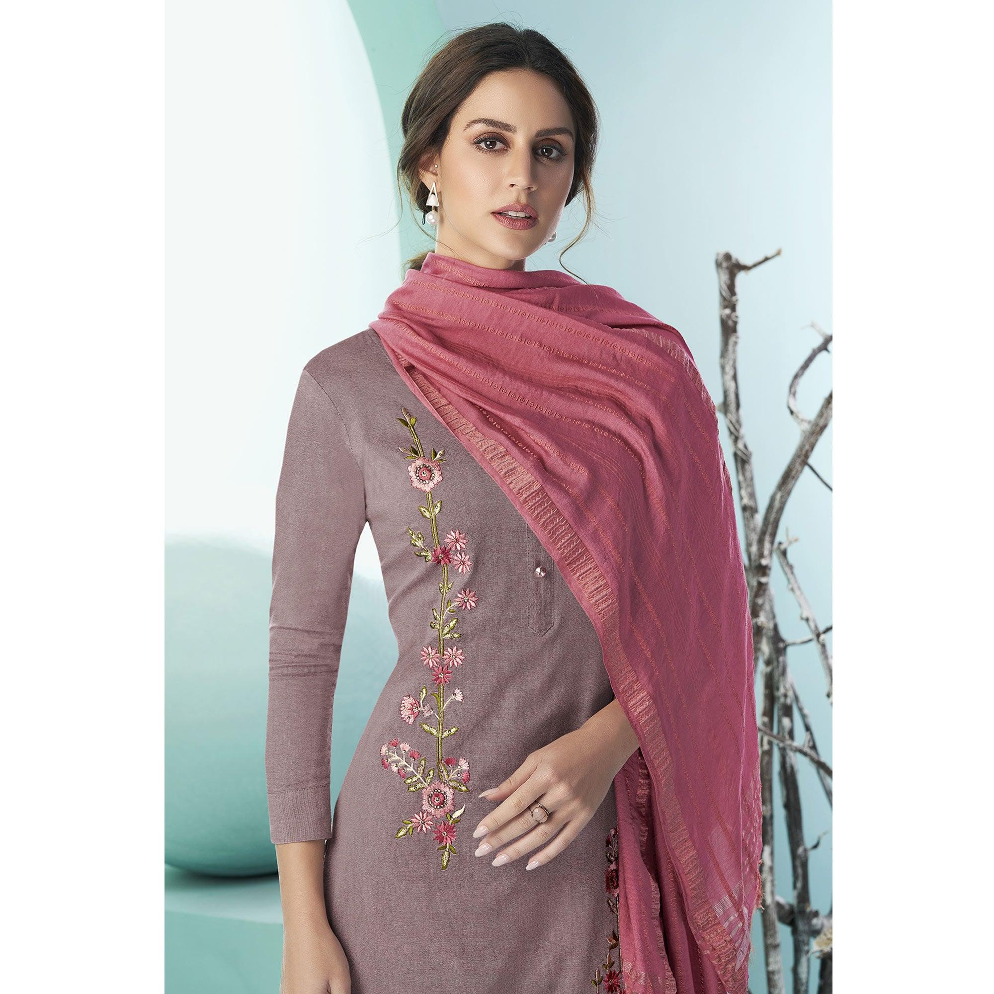Peachmode Seller Mauve Casual Wear Embroidered Cotton Suit - view 3