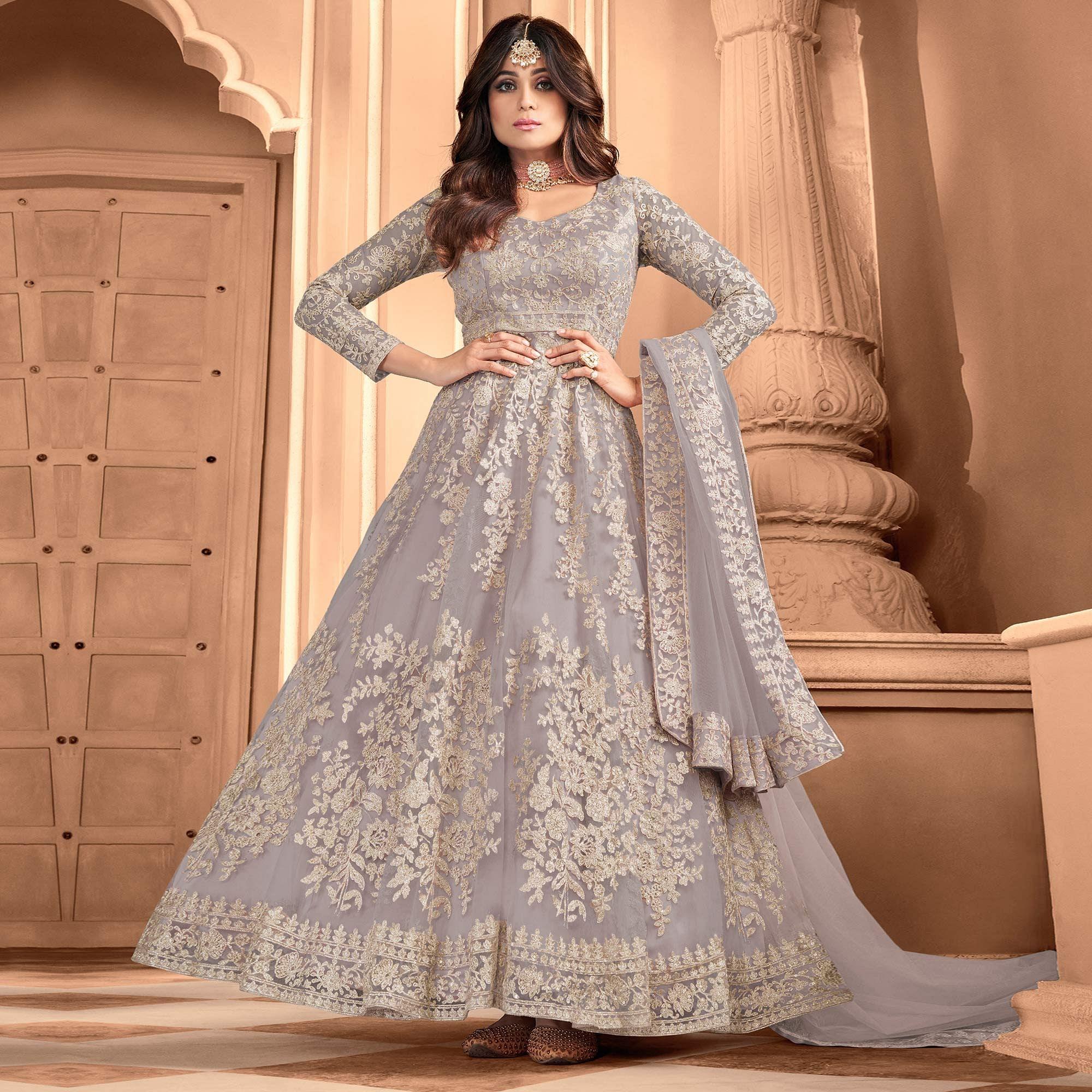 Peachmode Seller Light Grey Partywear Floral Embroidered Net Anarkali Suit