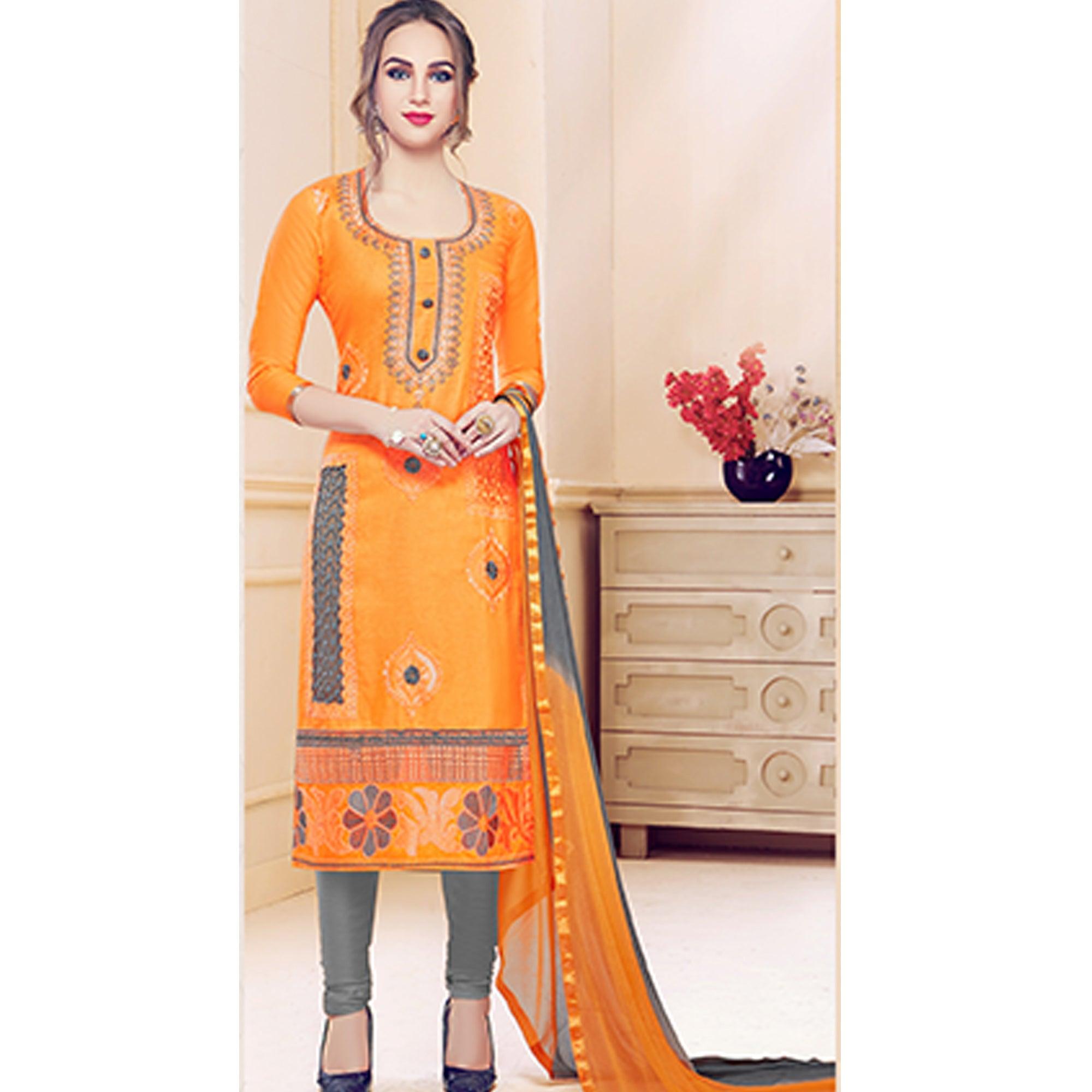 Peachmode Classy Orange Colored Partywear Embroidered Cotton Dress Material - view 4