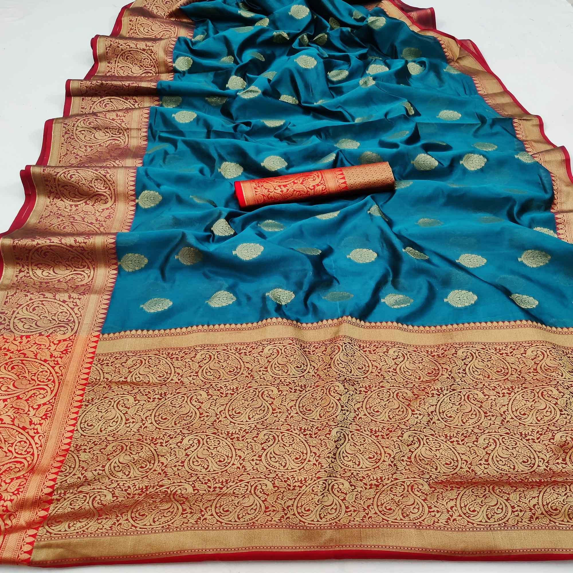 Peachmode Ferozi Festive Wear Woven Silk Saree - view 2