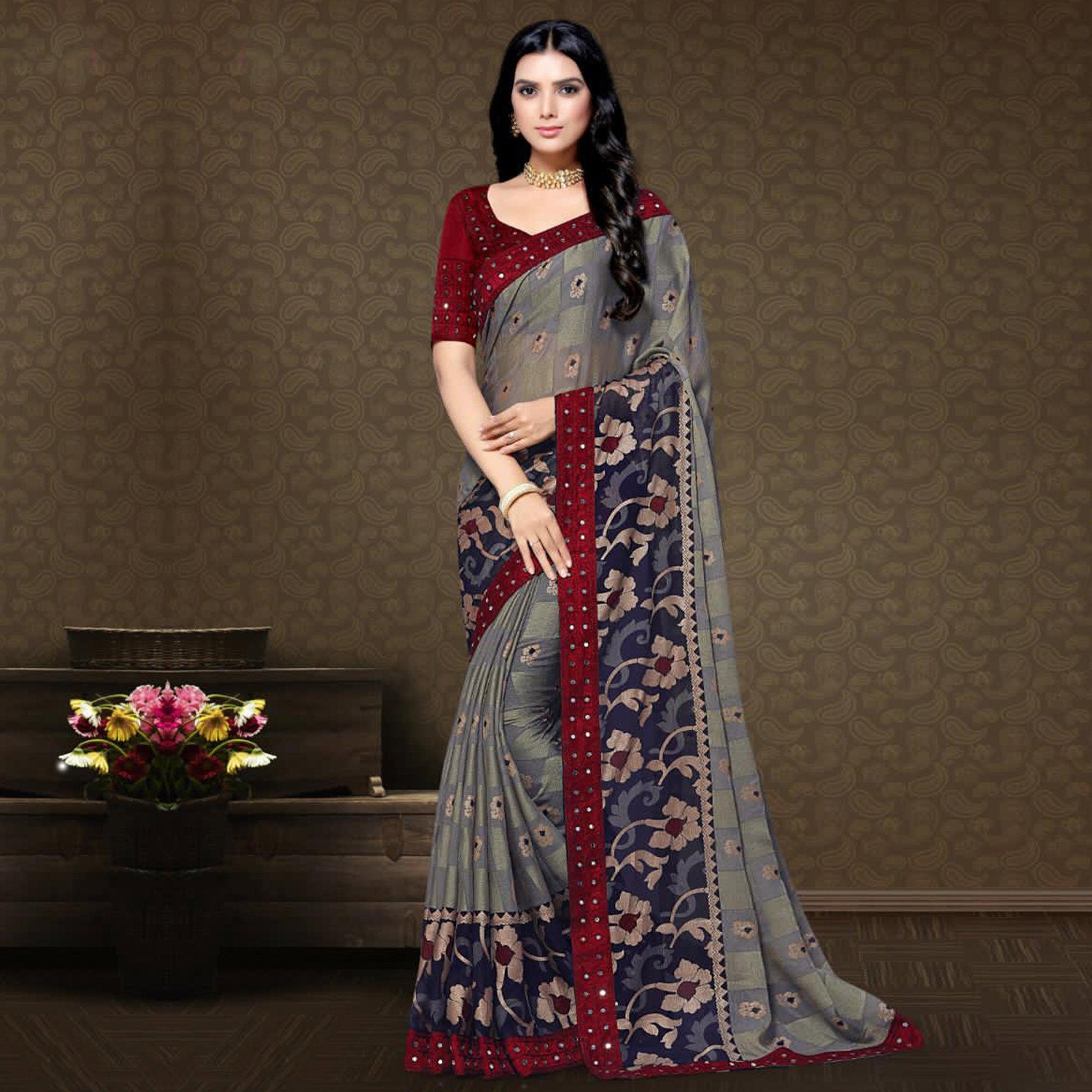 Peachmode Magnetic Grey Colored Partywear Embroidered Chiffon Brasso Saree