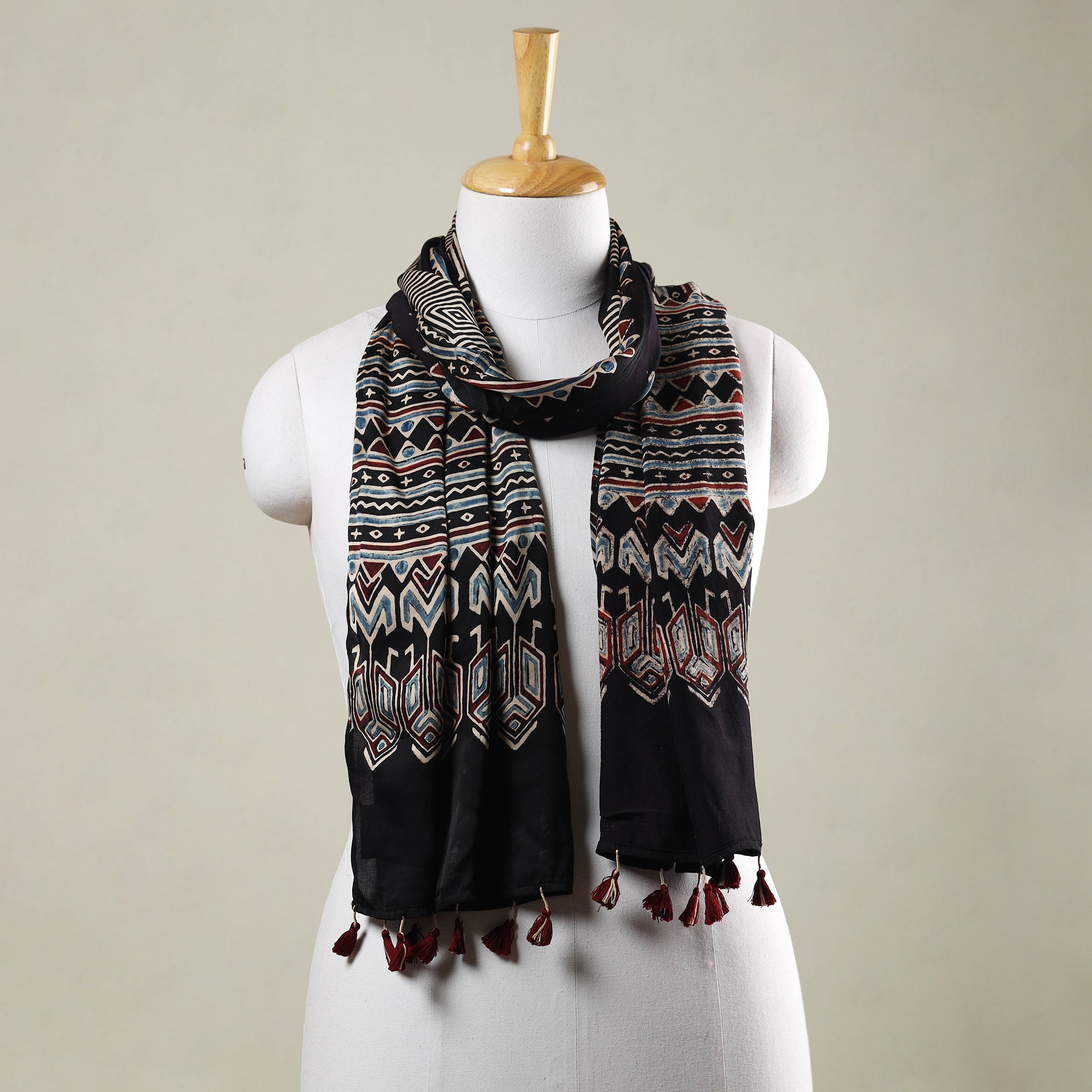 RIYAZ ABDULMAJID KHATRI - AJRAKH Black - Ajrakh Hand Block Printed Modal Silk Stole with Tassels