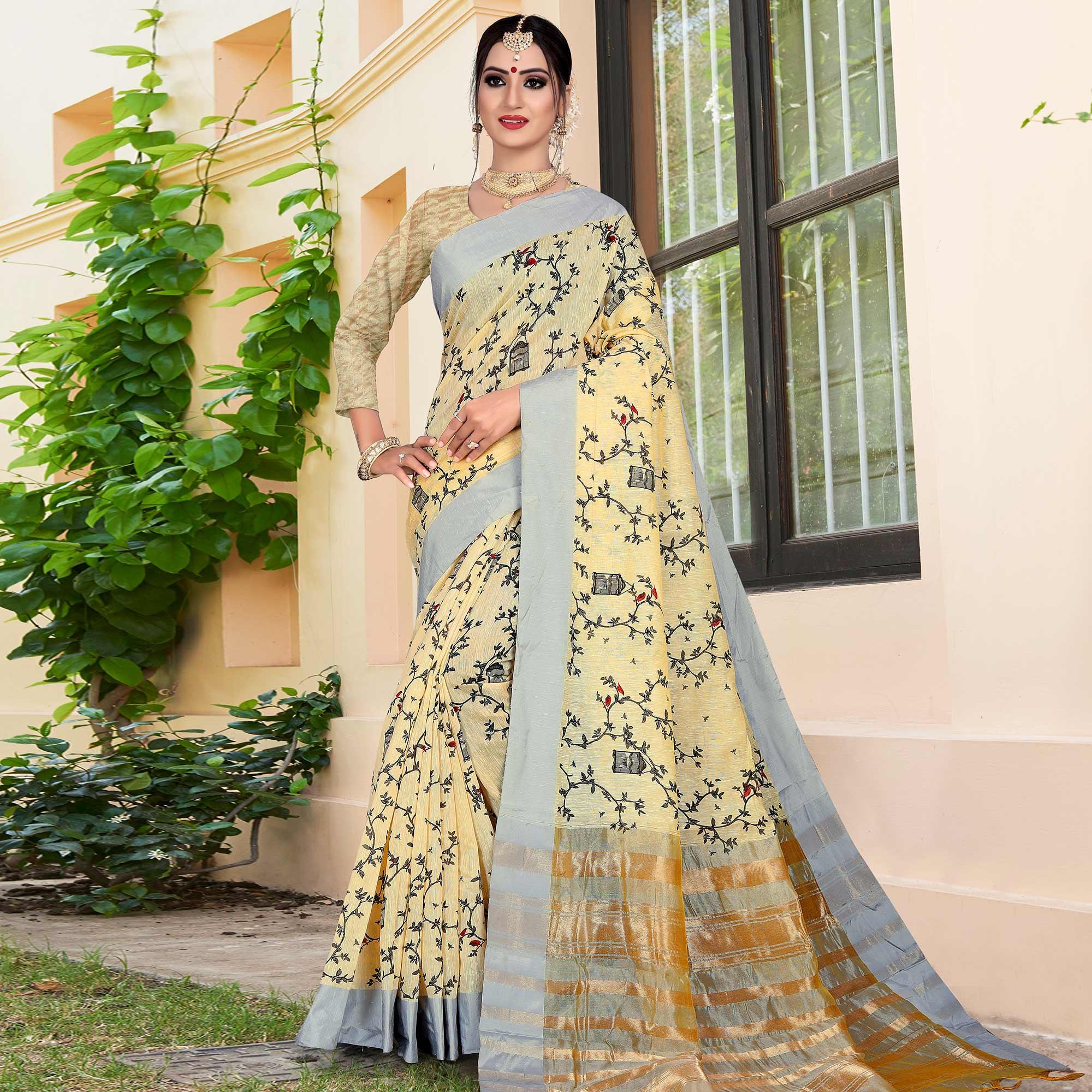 Peachmode Elegant Light Yellow Colored Casual Printed-Woven Linen Saree With Tassels - view 4