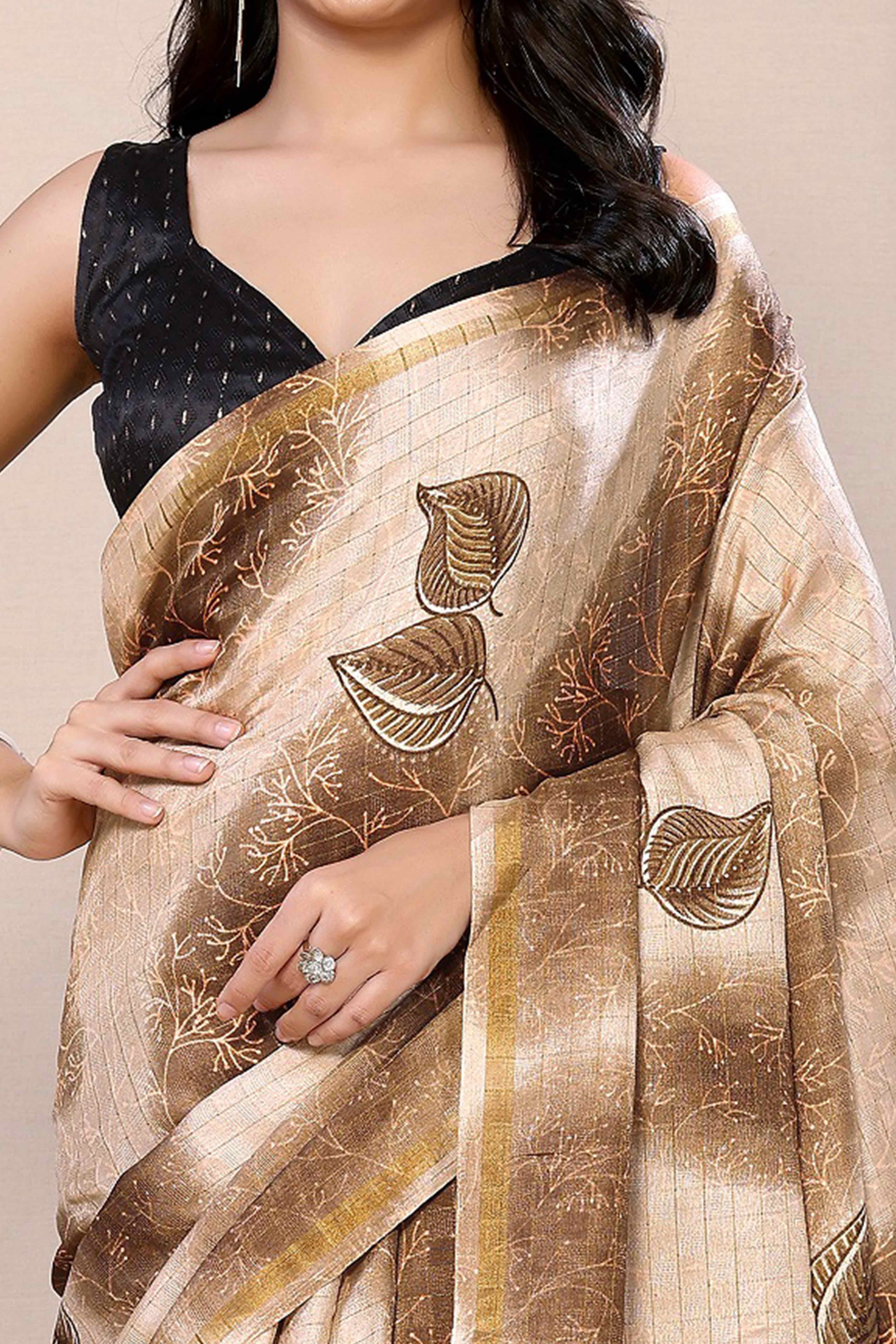 Peachmode Seller Brown Woven With Printed Silk Ready To Wear Saree - view 2