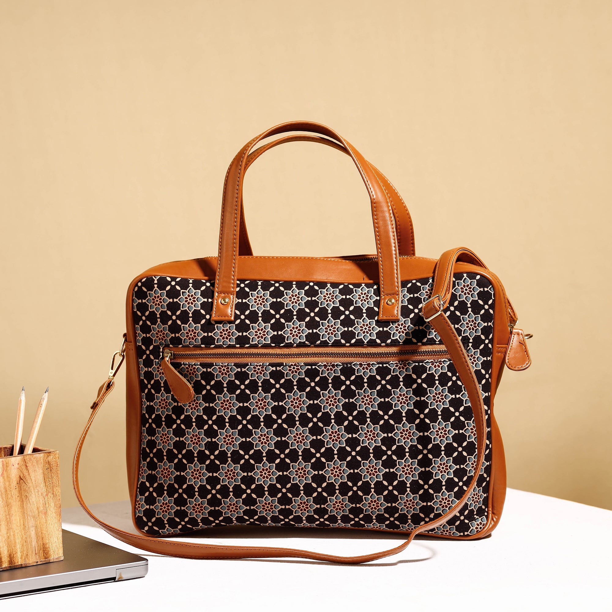 ITOKRI CRAFTS INITIATIVE Black - Handcrafted Ajrakh Block Printed Cotton Laptop Bag (15 x 13 in)
