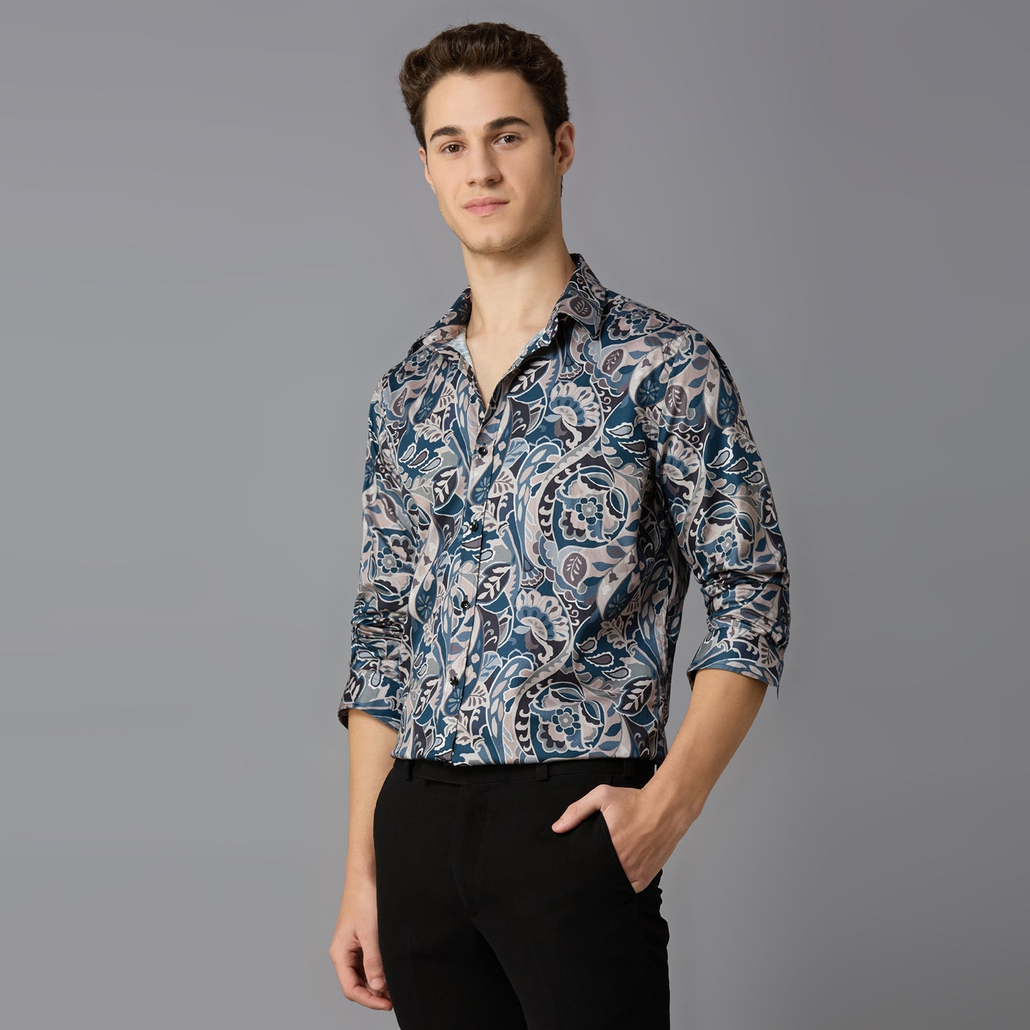 MARK & ALBERT Giza Cotton Printed Shirt – Blue
