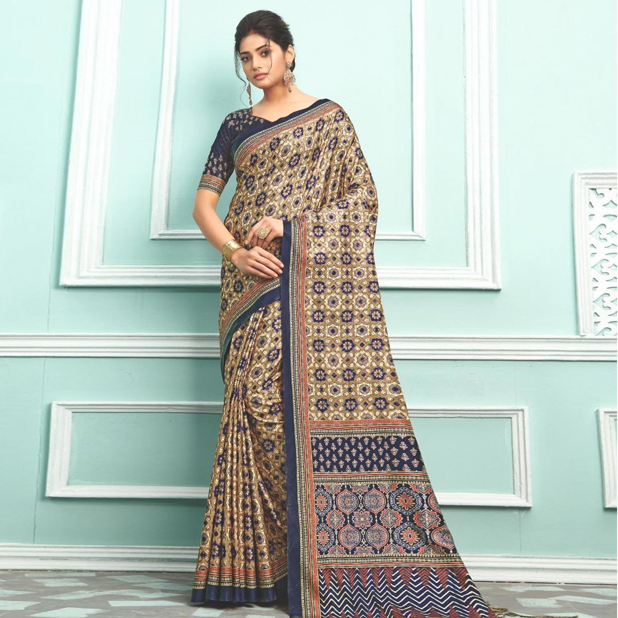 Peachmode Brown Party Wear Satin Printed Saree With Unstitched Blouse