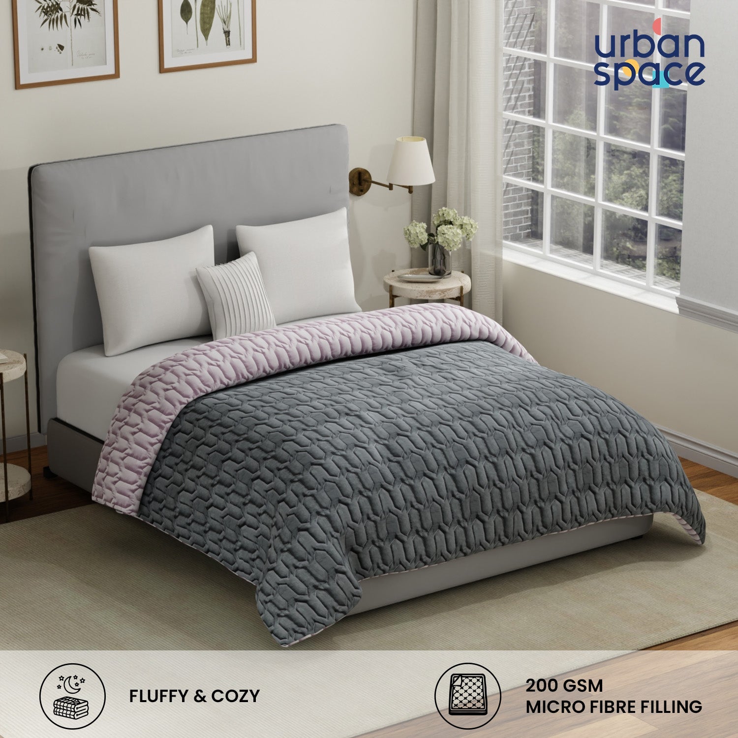 Urban Space -Home Furnishing Store Fluffy & Heavy 200 GSM Microfiber Reversible Quilted Winter Comforters - Grey & Rose - view 2
