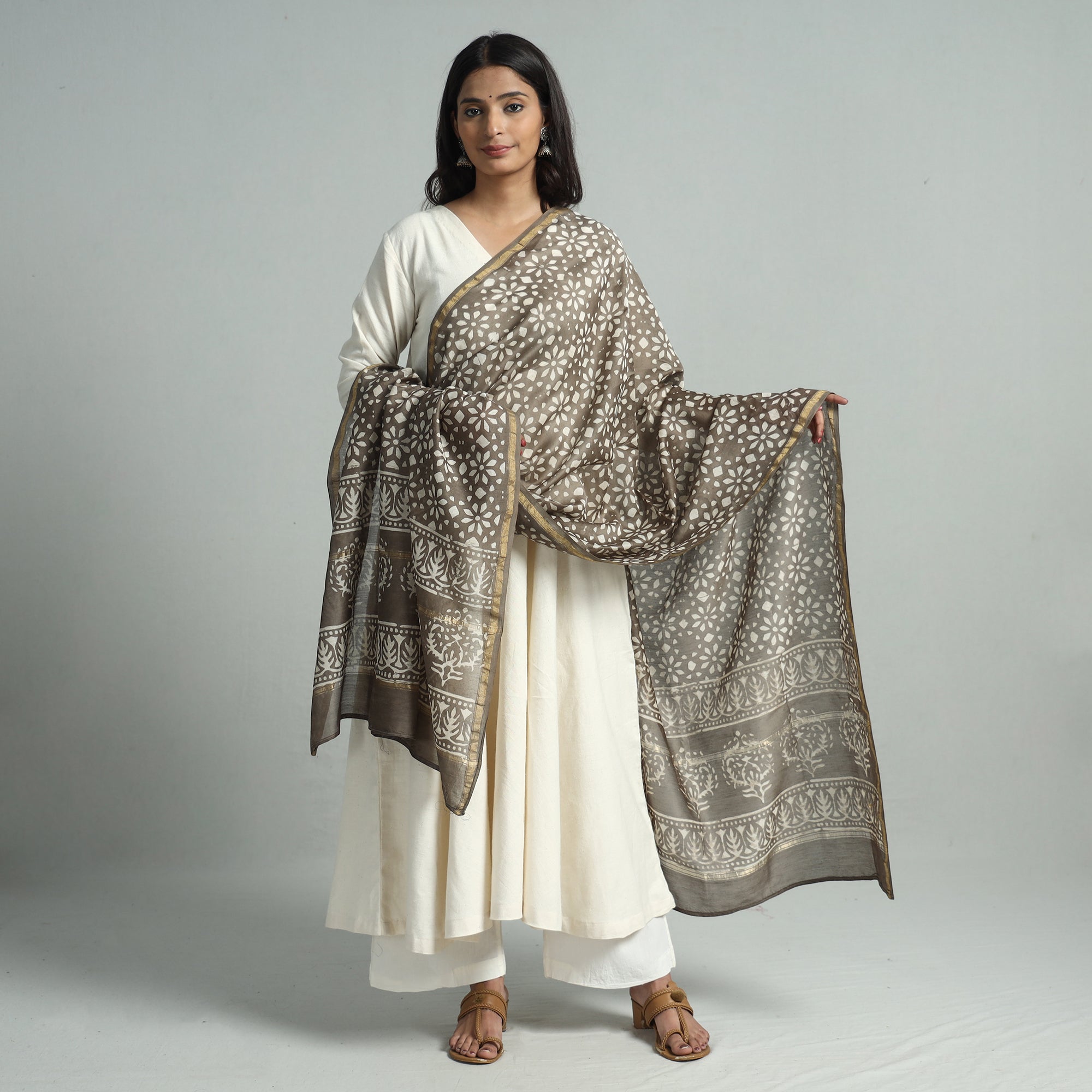 HAVELI CHRONICLES Brown - Pipad Block Printed Handloom Chanderi Silk Dupatta 76