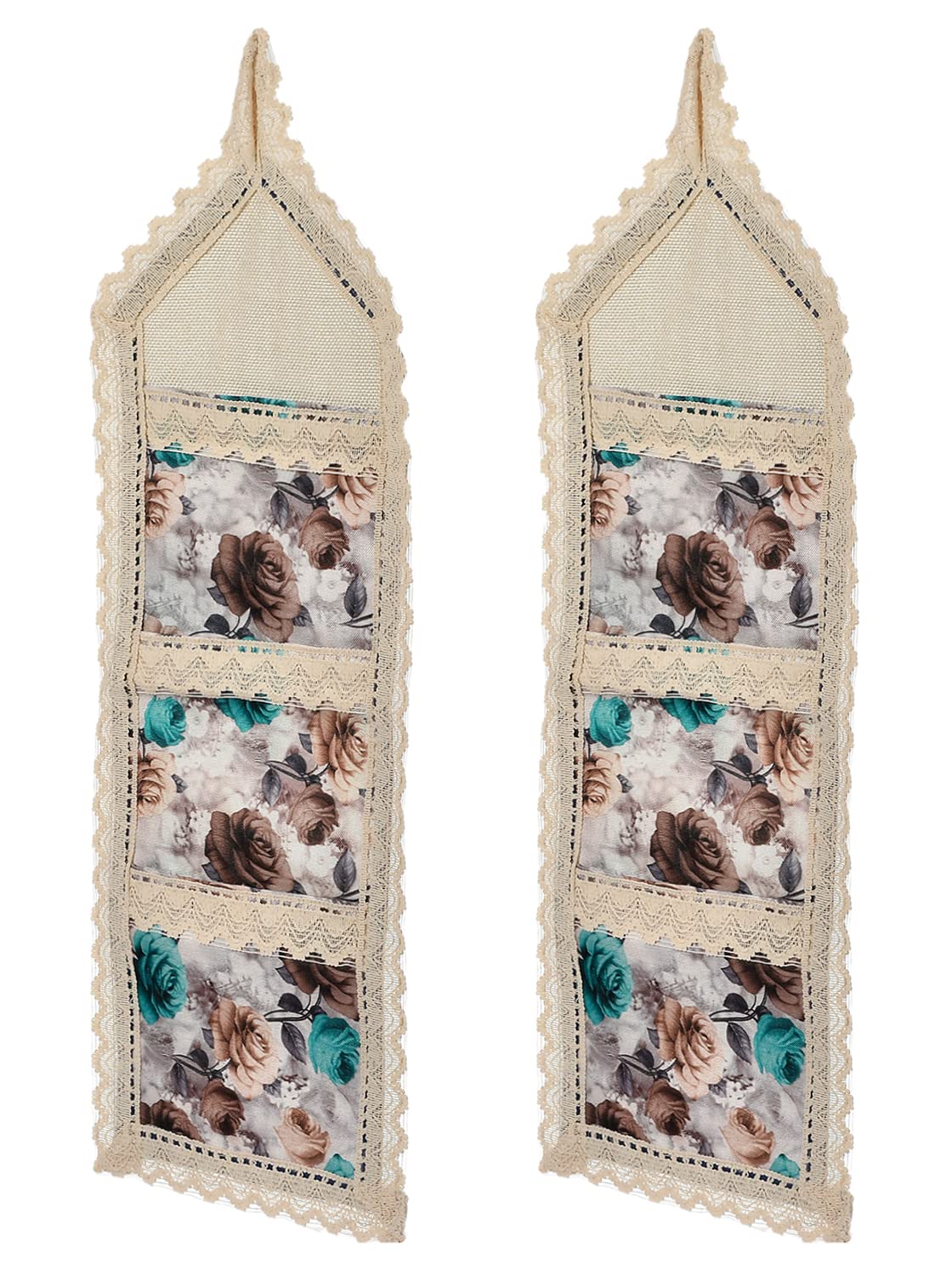 Kuber Industries Heart Home Flower Printed Wall Hanging Organizer For Small Accessories, Stationery, Jewelry, Magazine, Letter- Pack of 2 (Cream & Bro