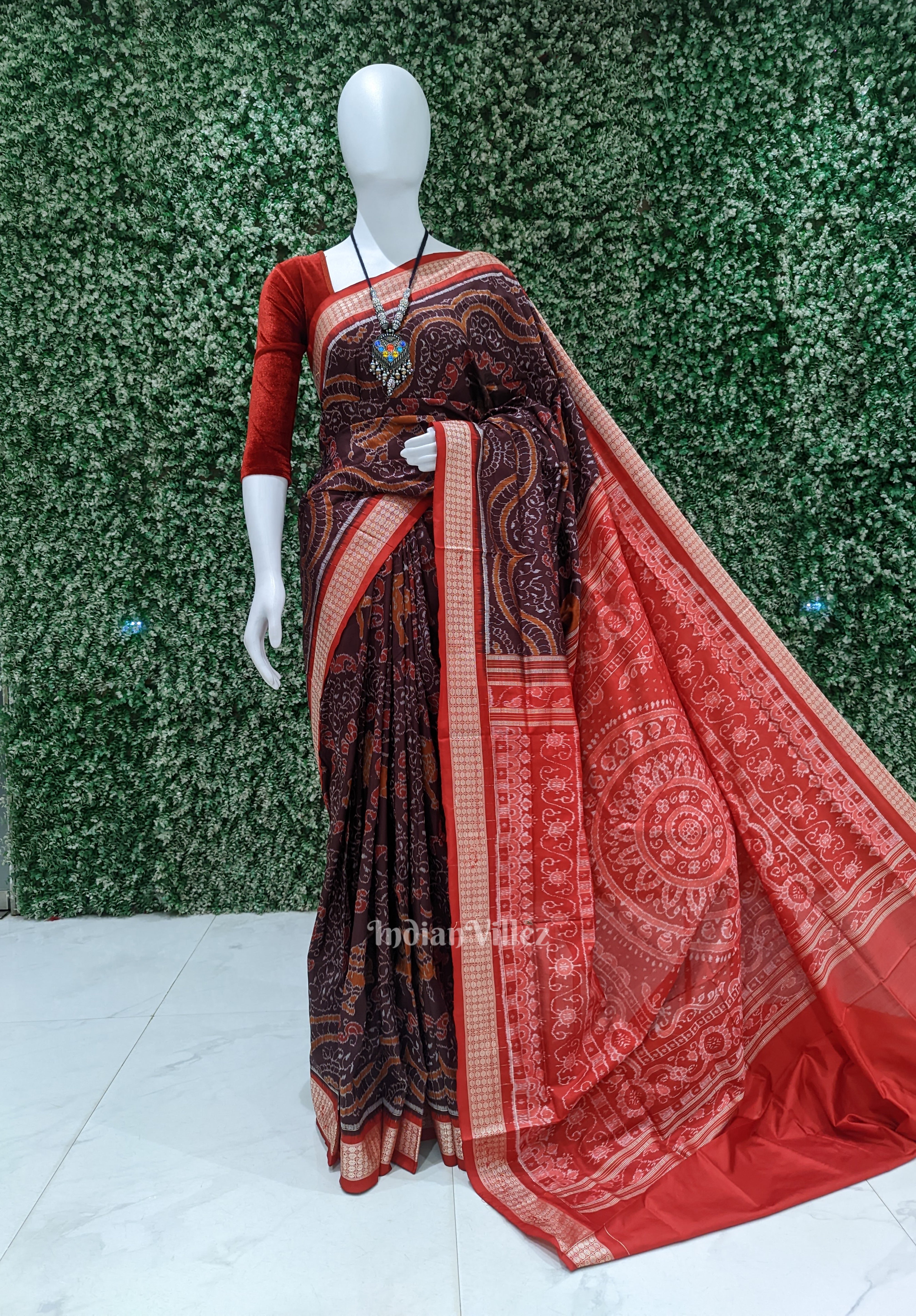IndianVillèz Deer Theme Pure Sambalpuri Ikat Silk Saree