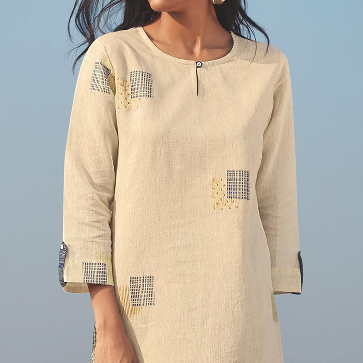 Peachmode Seller Fantastic Beige Colored Party Wear Handwork Handloom Cotton Kurti-Pant Set - view 2