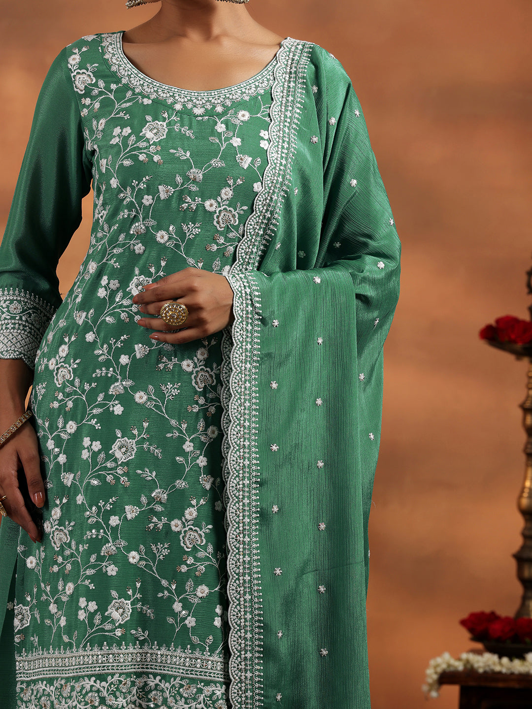 Libas Green Embroidered Silk Blend Straight Suit With Dupatta - view 8