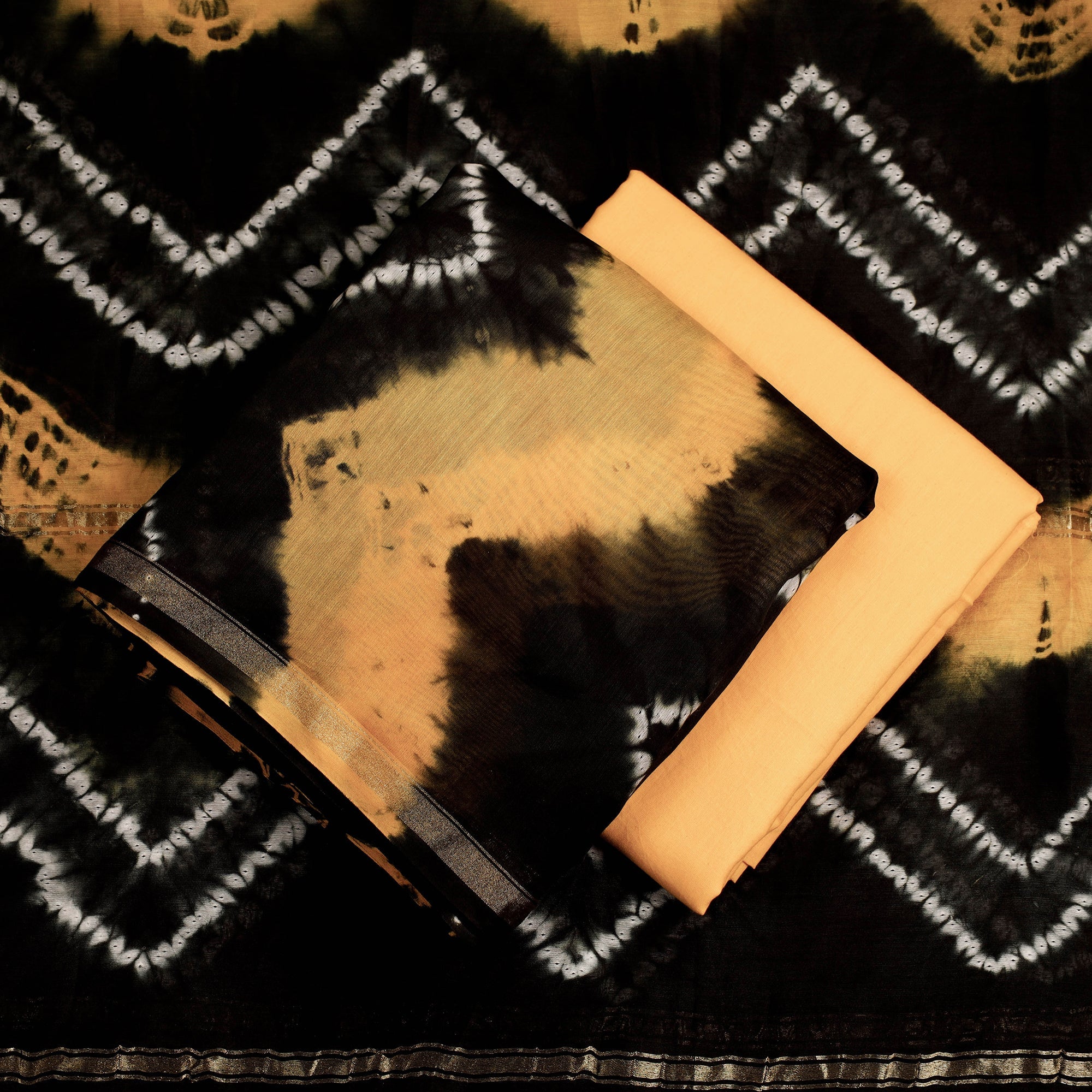 ARTISAN HAND BLOCK PRINTS Black - 3pc White & Yellow Miura Shibori Tie-Dye Chanderi Silk Suit Material Set - view 2