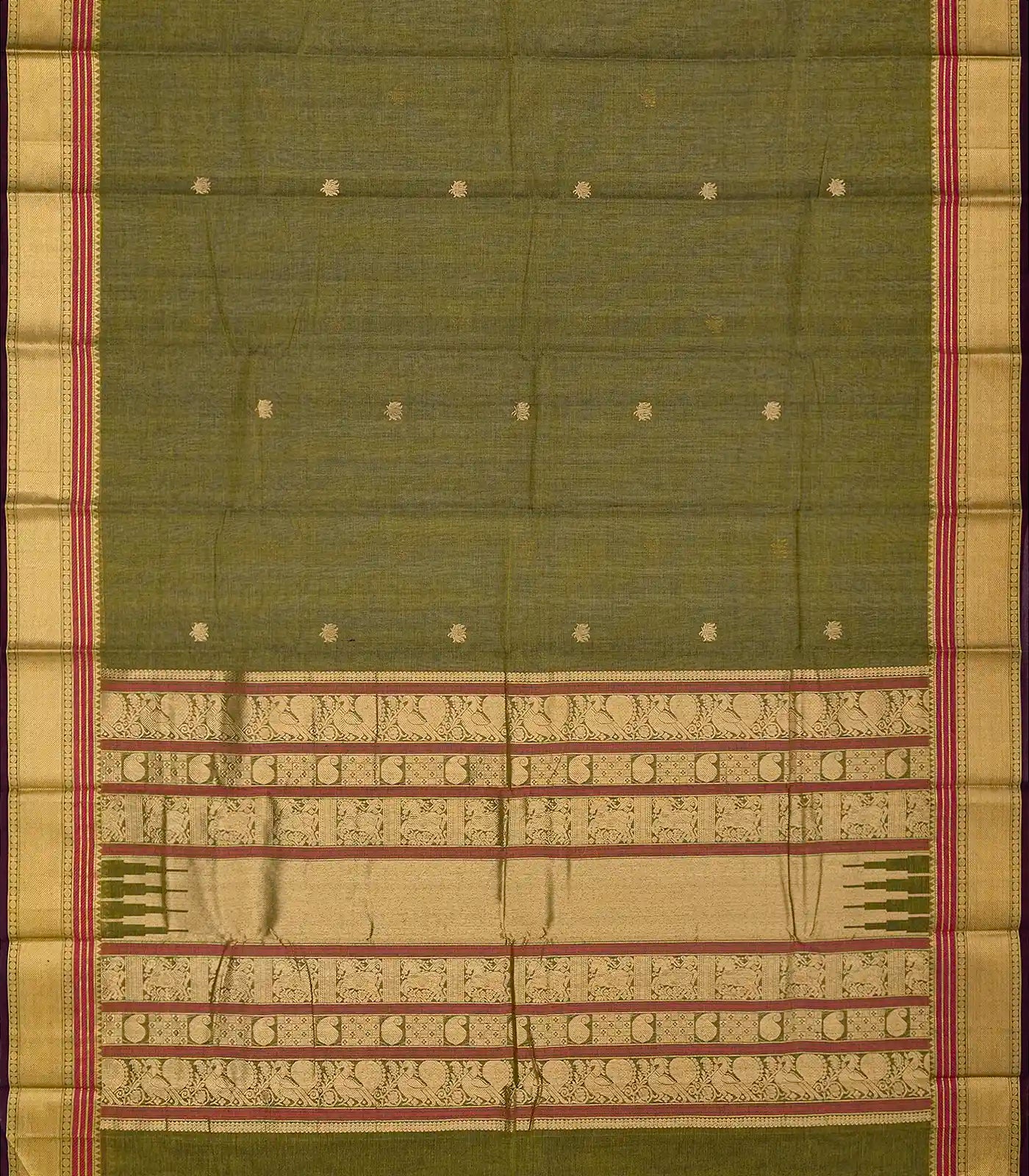 RmKV Shadow Green Handloom Kanchi Cotton Saree With Lotus Buttas - view 2