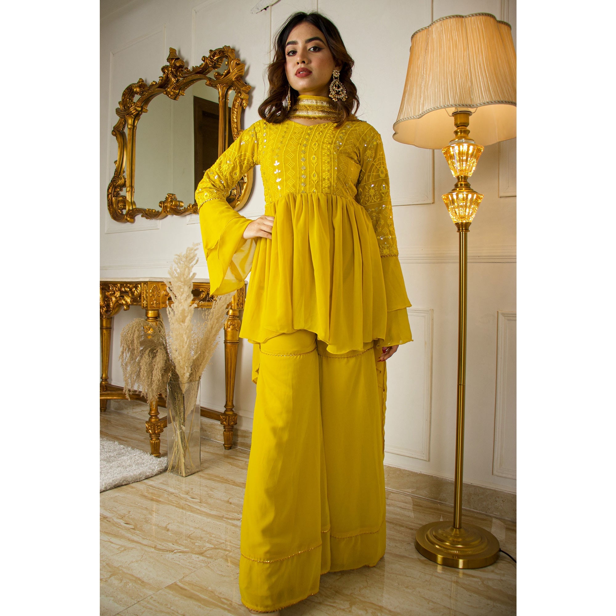 Peachmode Seller Lemon Yellow Sequins Embroidered Georgette Sharara Suit - view 8