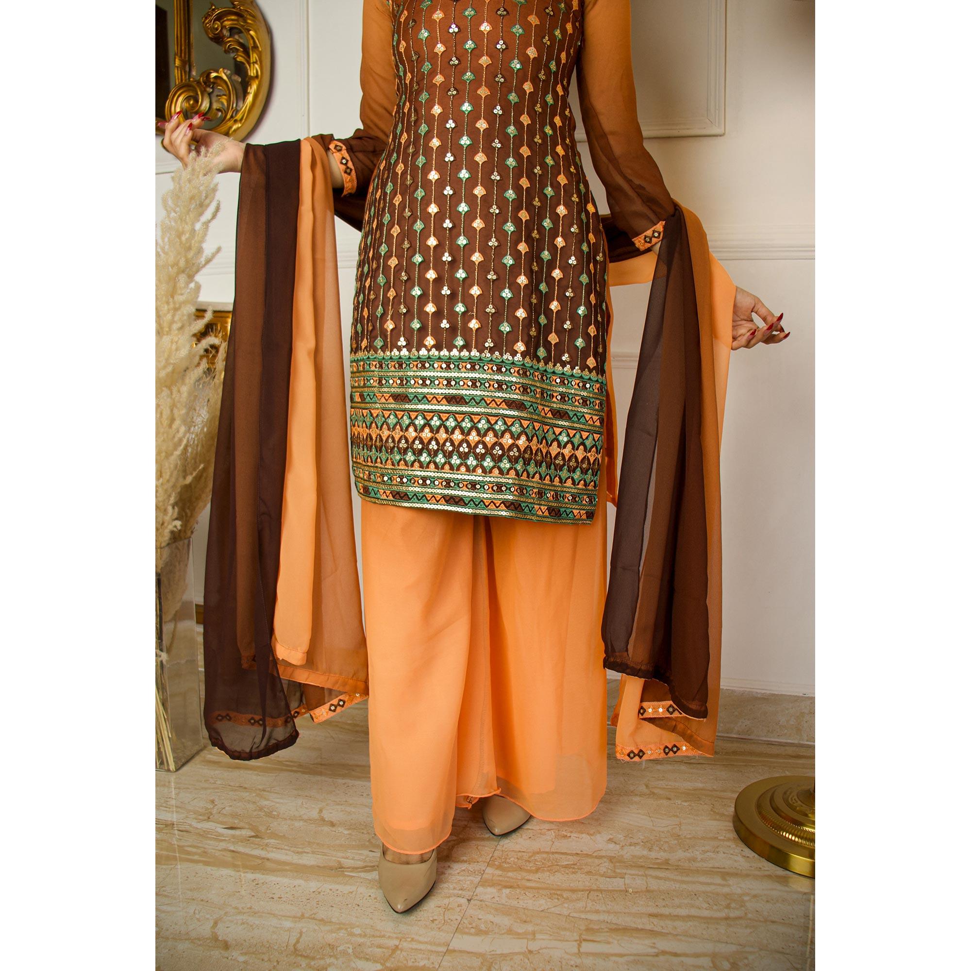 Peachmode Seller Brown Partywear Sequins Embroidered Georgette Palazzo Suit With Dupatta - view 2