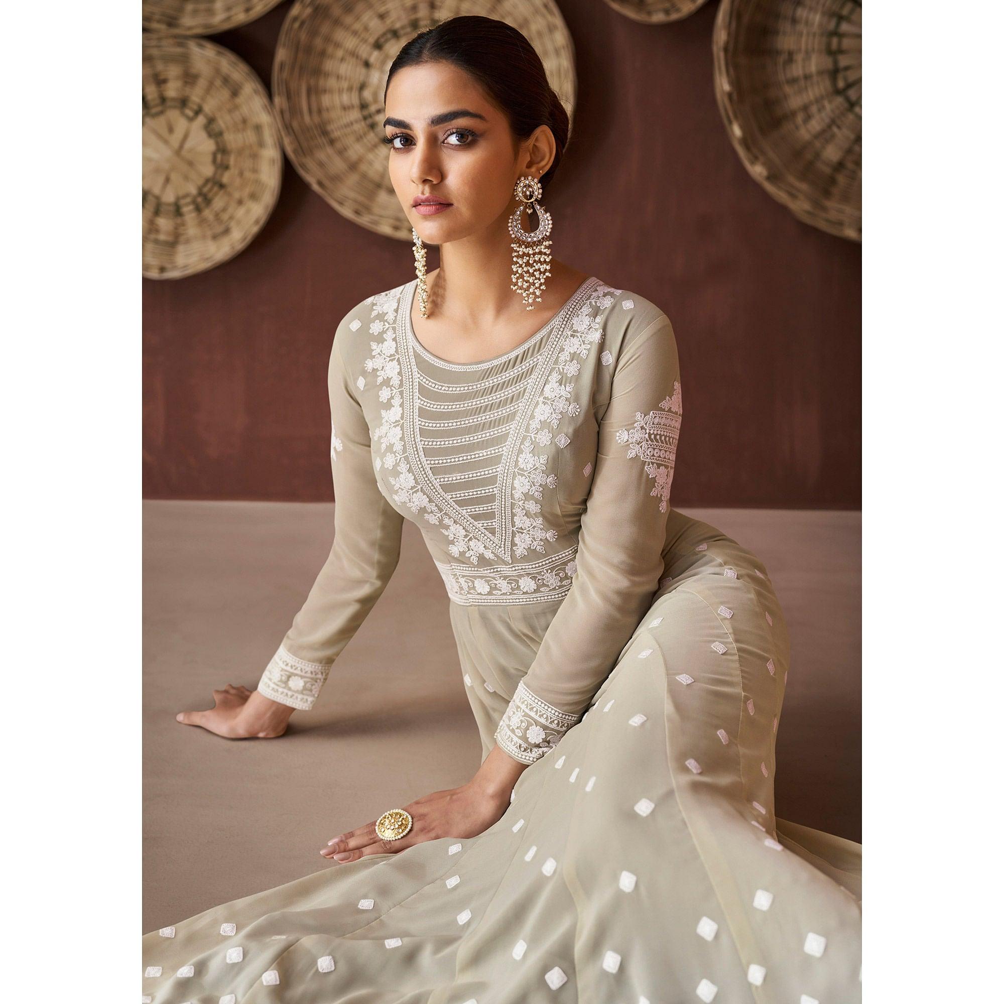 Peachmode Seller Light Olive Green Party Wear Heavy Embroidered Georgette Gown - view 2