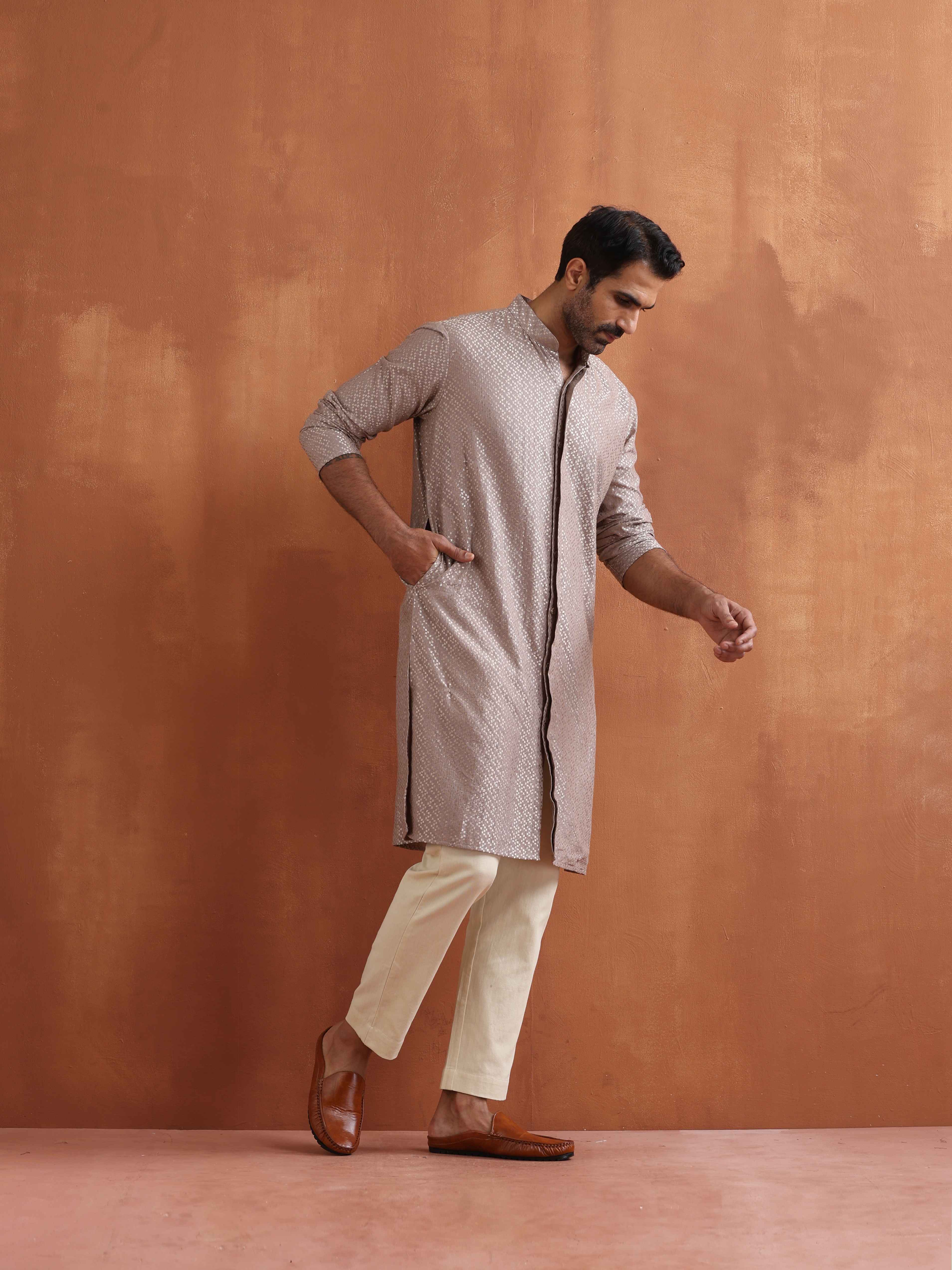 trueBrowns Men's Beige Cotton Dobby Kurta - view 2