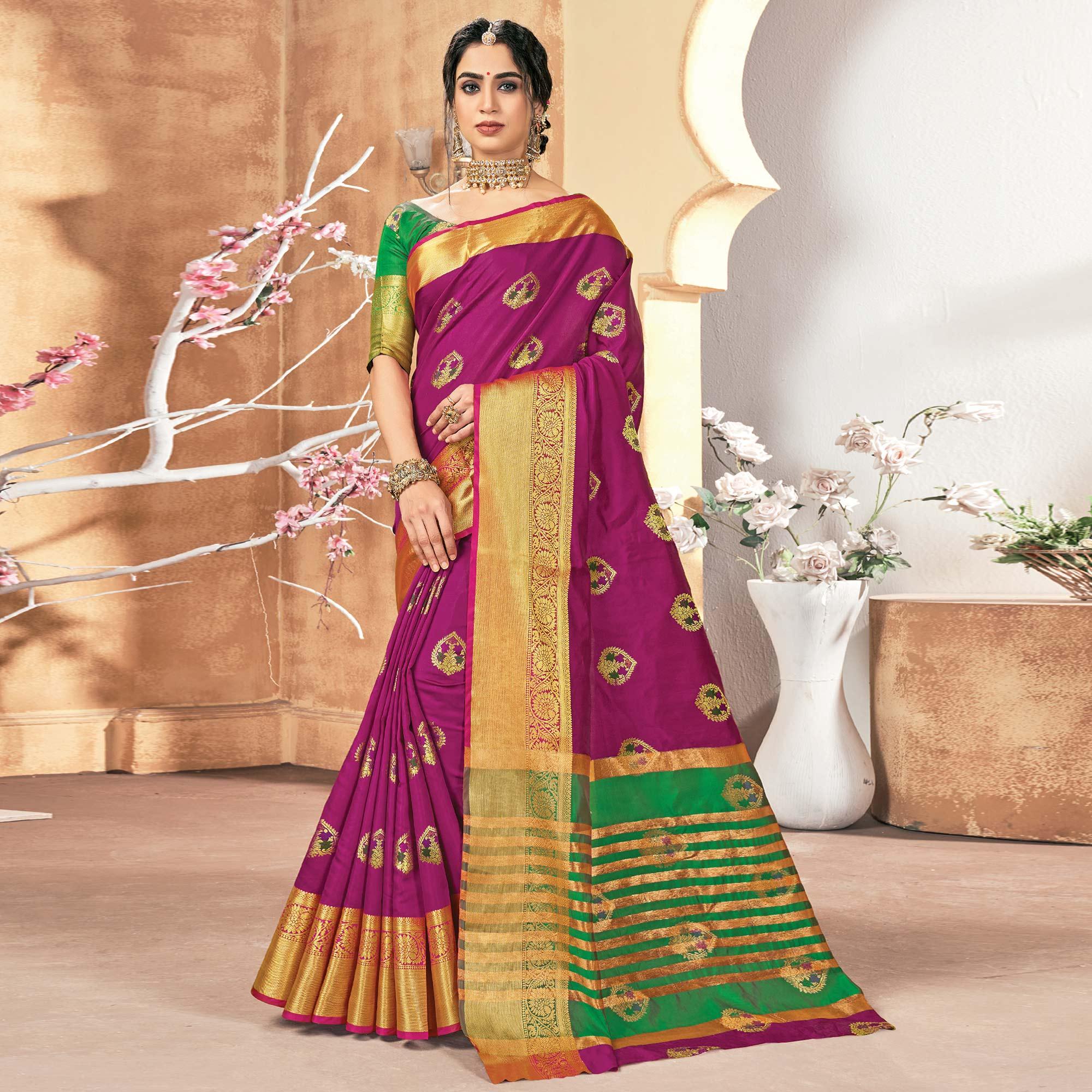 Peachmode Eye-catching Purple Colored Festive Wear Woven Silk Saree