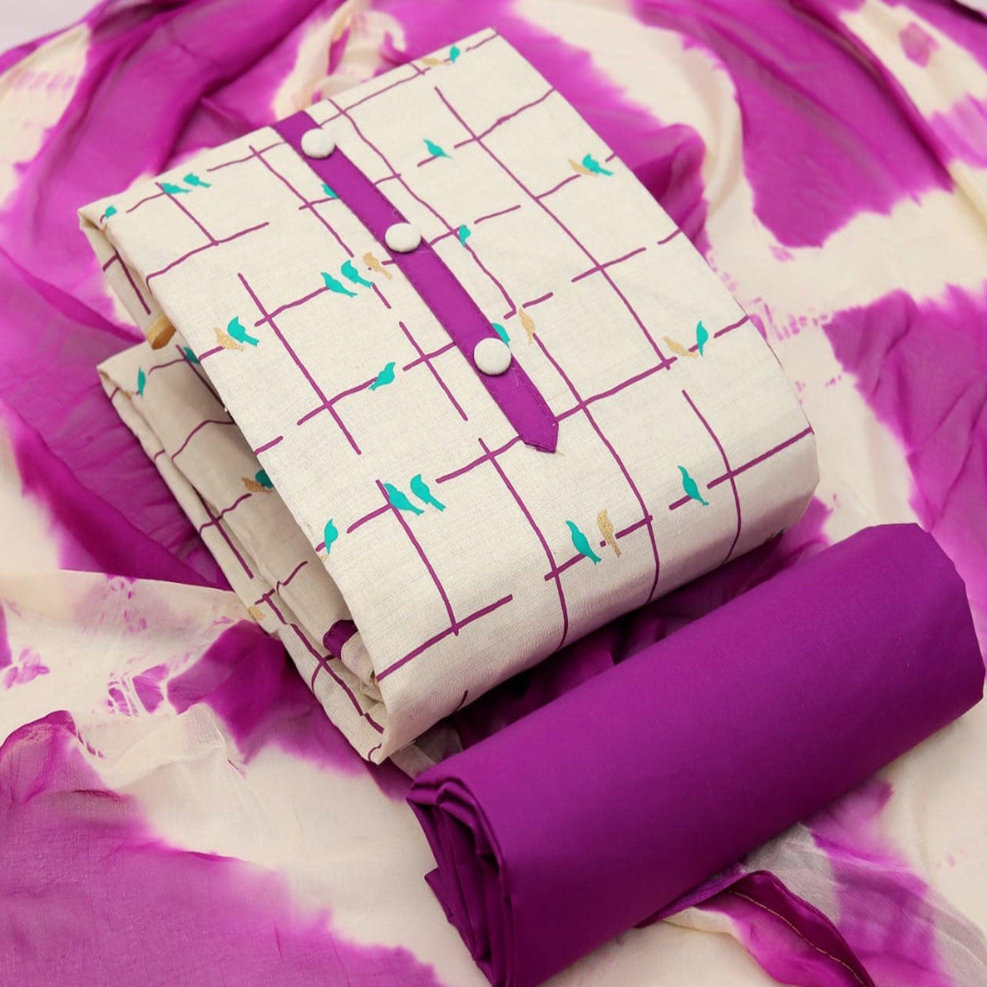 Peachmode Cream - Purple Casual Wear Foil Printed Cotton Dress Material