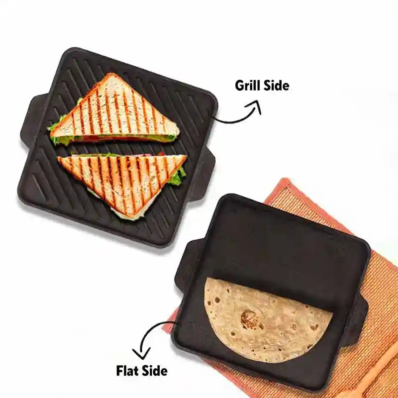 The Indus Valley CASTrong Cast Iron 2-in-1 Griddle (Grill Pan + Tawa), Pre-seasoned, 100% Pure, Toxin-free, Induction, Square, 27.2cm, 4.1 Kg