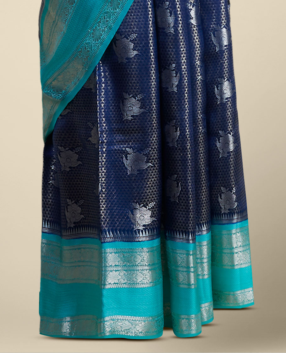 Pothys Blue checked with floral motifs dupion silk saree with traditional zari border - view 3