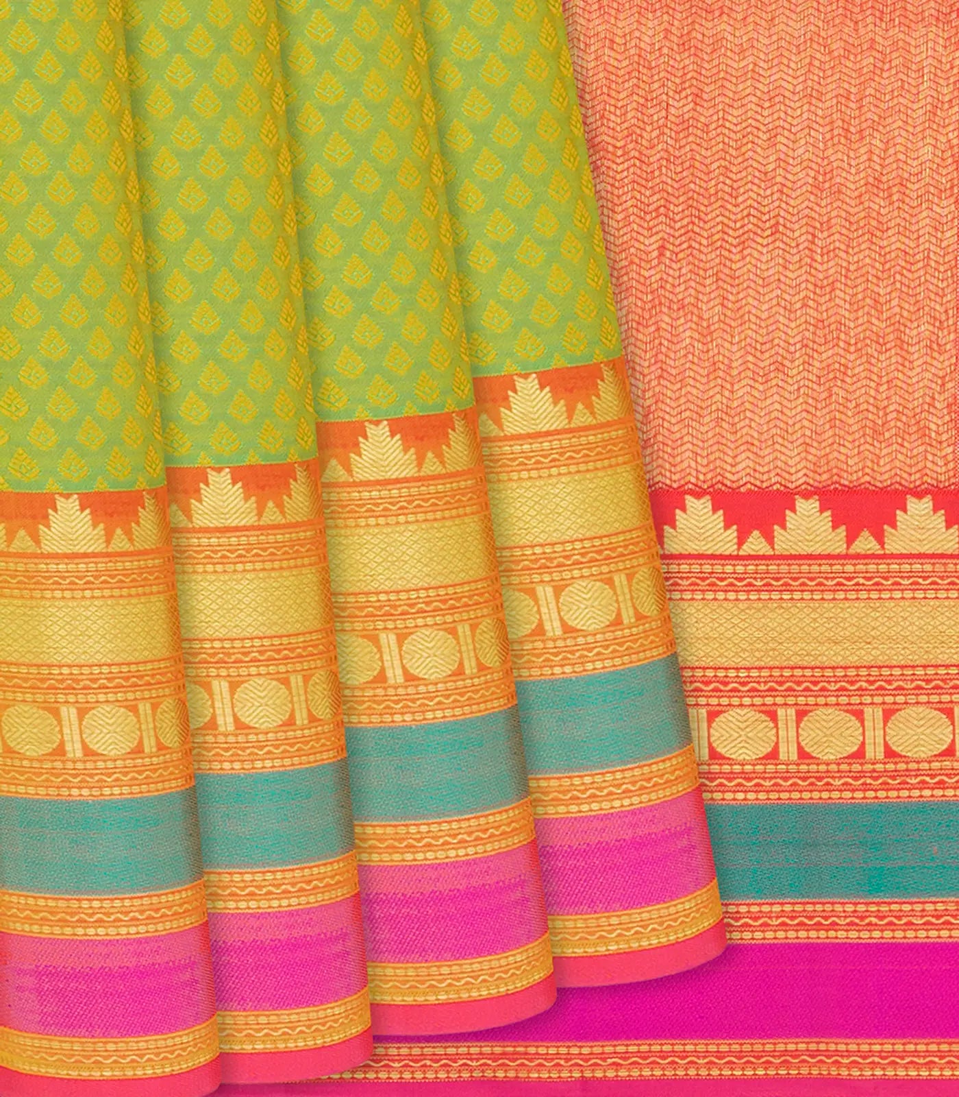 RmKV Green Handloom Kanchipuram Silk Saree With Floral Motifs-Green